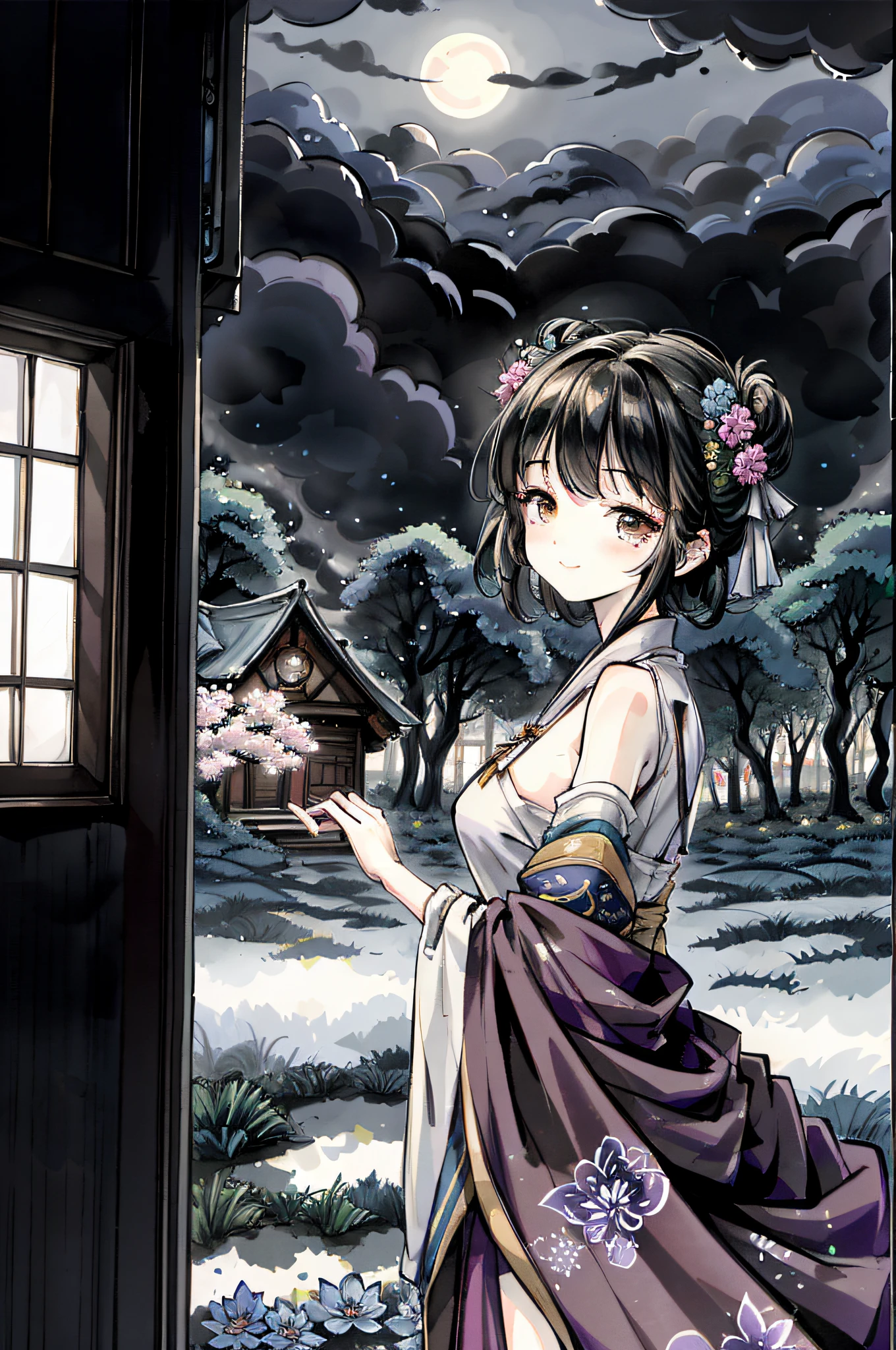 (masterpiece), best quality, good anatomy, shuimobysim, (1 girl: 1), (upper body), (smile), short hair, (hanfu), (ecchi0.5), (trees: 0.5), (flowers: 0.6), (cabin: 0.2), full breasts, tall figure, moon, summer, looking at the moon in the house, bed,