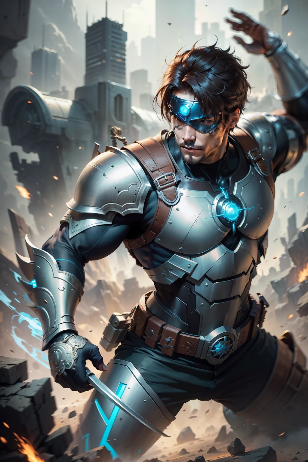 A man hero, intricate details, strong body, eye mask, messy short hair, futuristic warrior armor rich in detail, vivid colors, action setting, centered image, dynamic pose, realistic, anime style, 16k