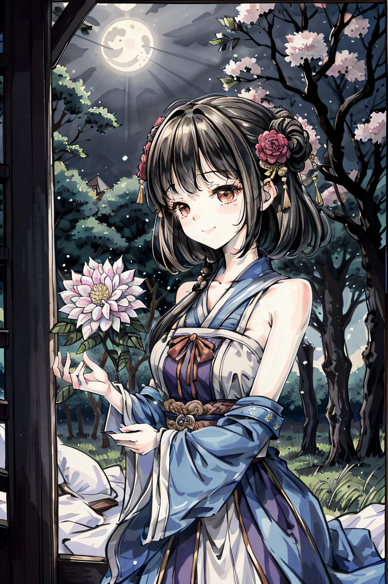 (masterpiece), best quality, good anatomy, shuimobysim, (1 girl: 1), (upper body), (smile), short hair, (hanfu), (ecchi0.5), (trees: 0.5), (flowers: 0.6), (cabin: 0.2), full breasts, tall figure, moon, summer, looking at the moon in the house, bed,
