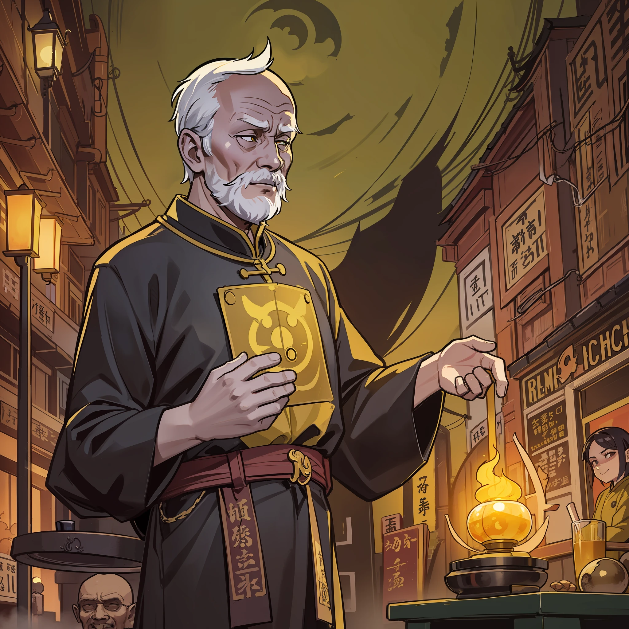 Old man, yellow man, trigram, Taoist uniform, lit candle, crossroads, village scene, night, moonlight, horror atmosphere, shady, desolation, doomsday atmosphere, cool tones, dim light, flat lines