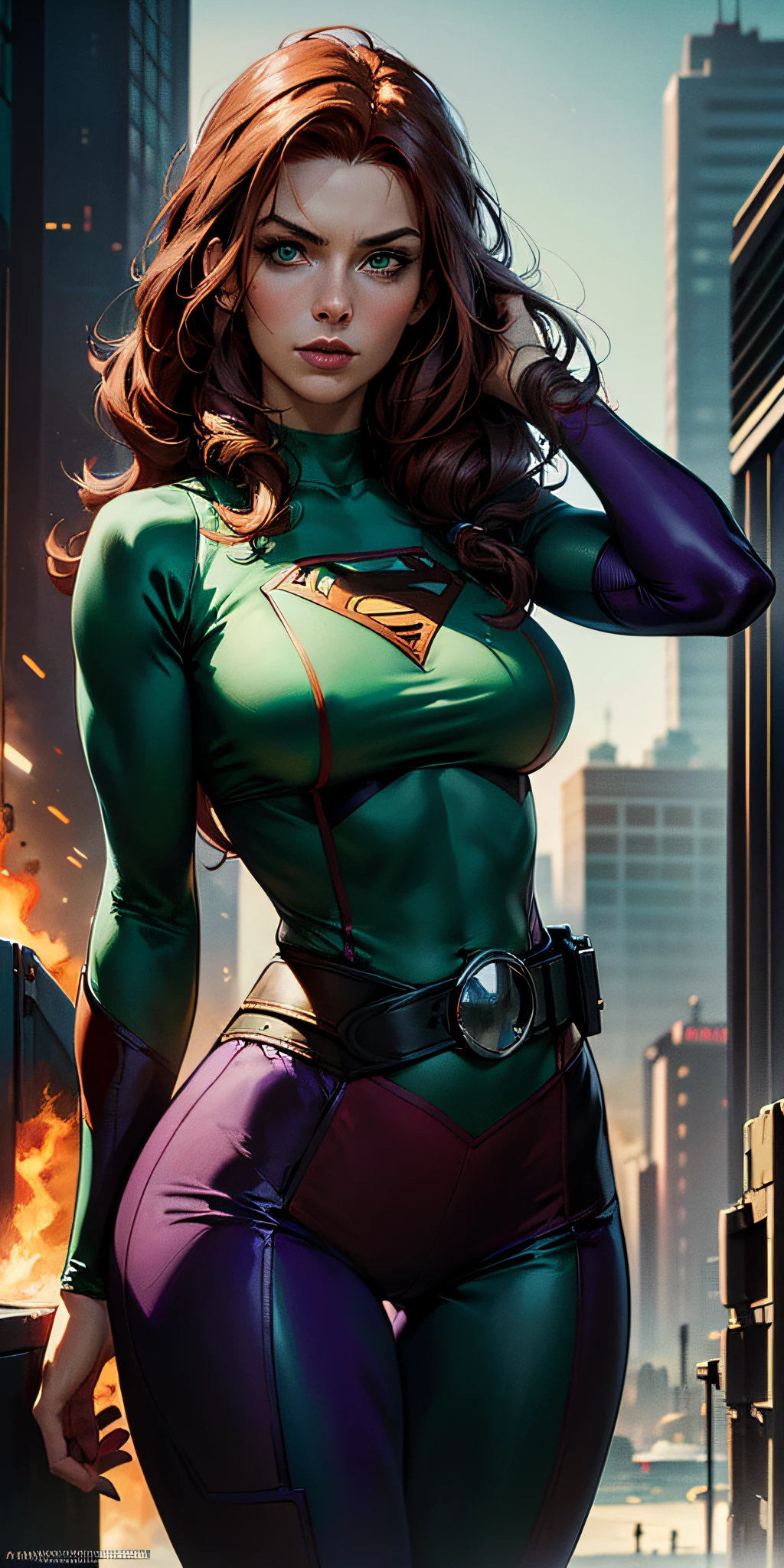 (((A young woman with straight red hair long size up to the waist))) style Gil Elvgren, WLOP, Artgerm ((Poster style)) ((robotic left arm with purple superhero outfit and green pants)) (ships in the background of the image) ((cyberpunk left arm)) 1 girl, solo, fitness body, poster design, poster art style. 1980s, 1950s, 1960s, 1940s, basic color scheme, very colorful poster, colorful art, third rule, inspiring, dynamic pose, woman, 1 girl of 20 years, hair blowing in the wind, looking at the viewer, blurred background, green eyes.