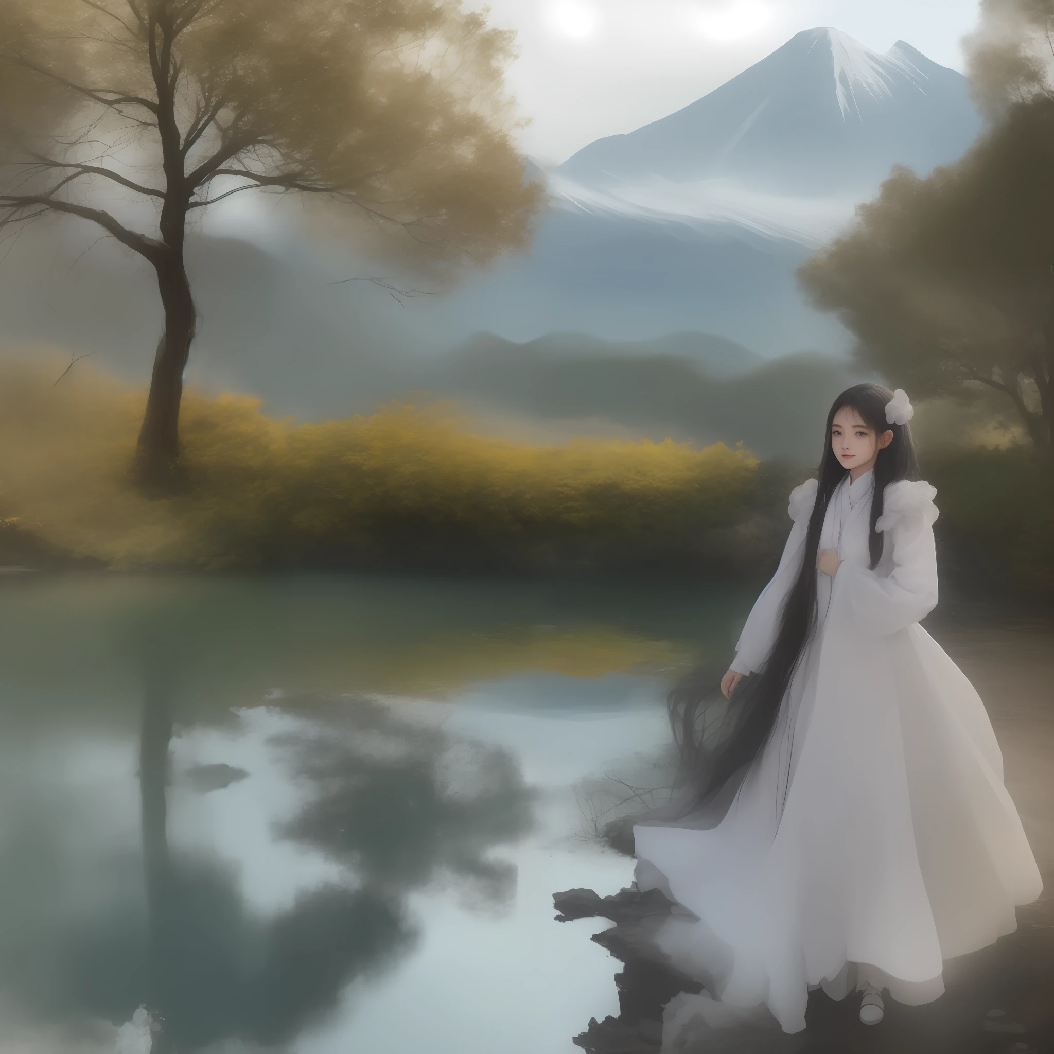 1girl,beautiful eyes, lake, water, reflection, blue sky, snowy mountains in the distance, masterpiece, best quality, more detail, plumw,chinese clothes, china dress,