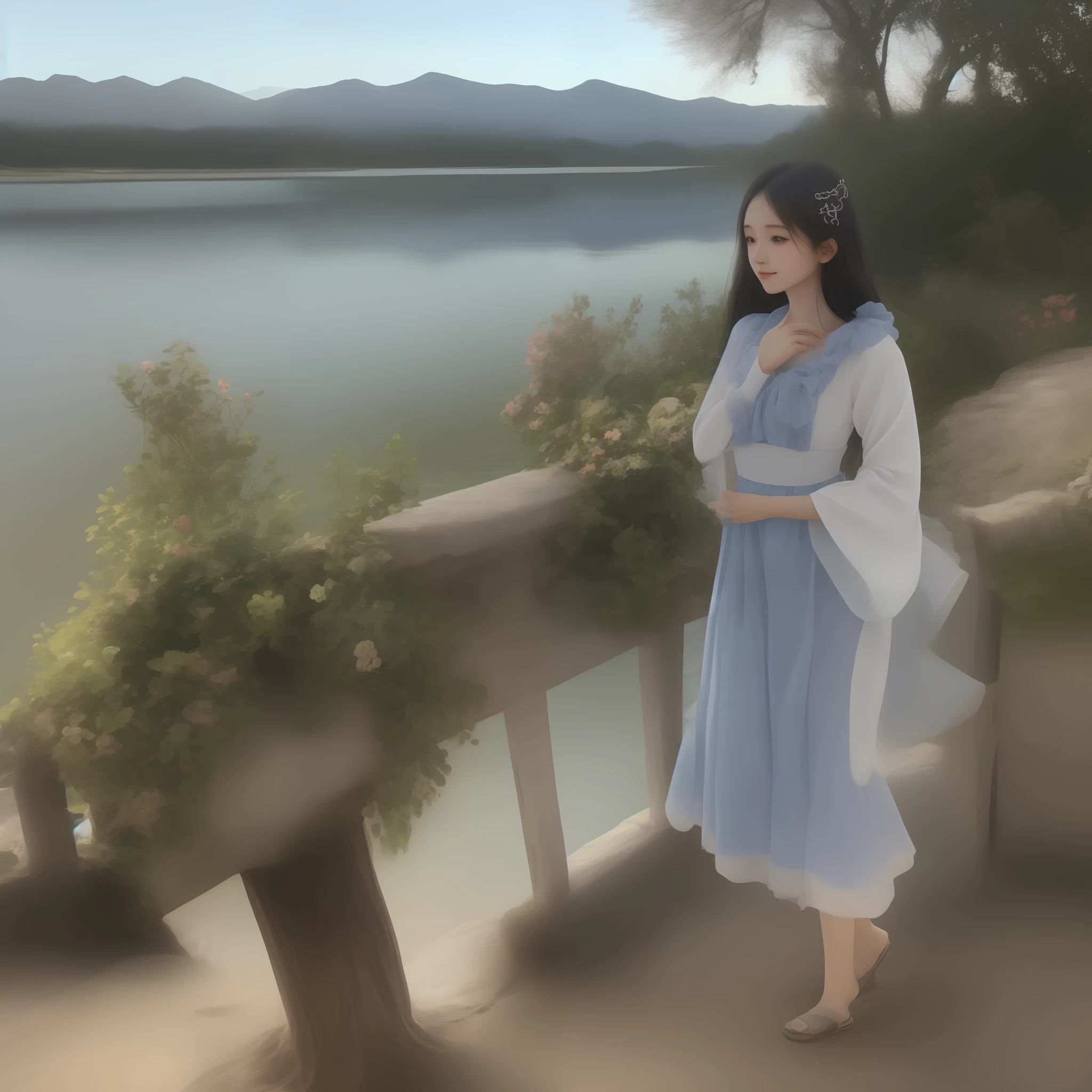 1girl,beautiful eyes, lake, water, reflection, blue sky, snowy mountains in the distance, masterpiece, best quality, more detail, plumw,chinese clothes, china dress,