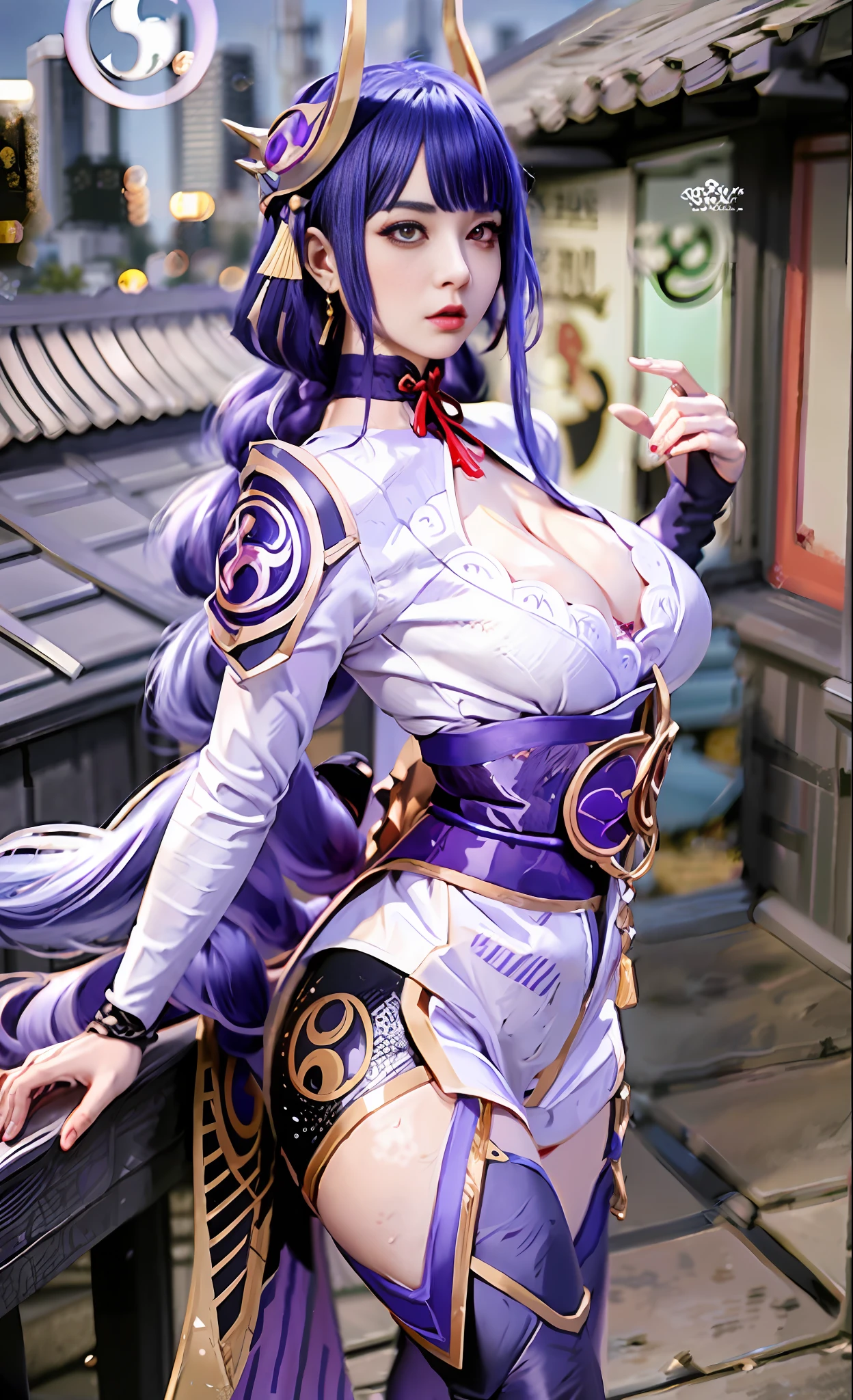 Unreal Engine 5 Realistic Render, RaidenShogun, detailed clothes, white clothes, blunt bangs, braid, (huge breasts:1.1), cleavage, wide-sleeved kimono, hair ornament, white japanese clothes, (red obi:1.4), (purple hair:1.4), very long hair, straight hair, detailed face, cool face, (smooth chin:0.85), closed mouth, long eyelashes, sharp eyes, looking at viewer, beautiful eyes, detailed eyes, thick eyebrows, red eyeshadow, symmetry eyes, (ulzzang-6500:0.7), skirt, (from below:1.1), (cyberpunk city:1.4), from side, (rooftop:1.5), (star \(sky\):1.3), photon mapping, physically-based rendering, RAW photo, highly detailed background, high res, perspective, beautiful face, top body is hyper realistic thicc muscle and hyper largest_breasts!! with the type of boobs_melons, lower is huge buttocks, wet shiny body