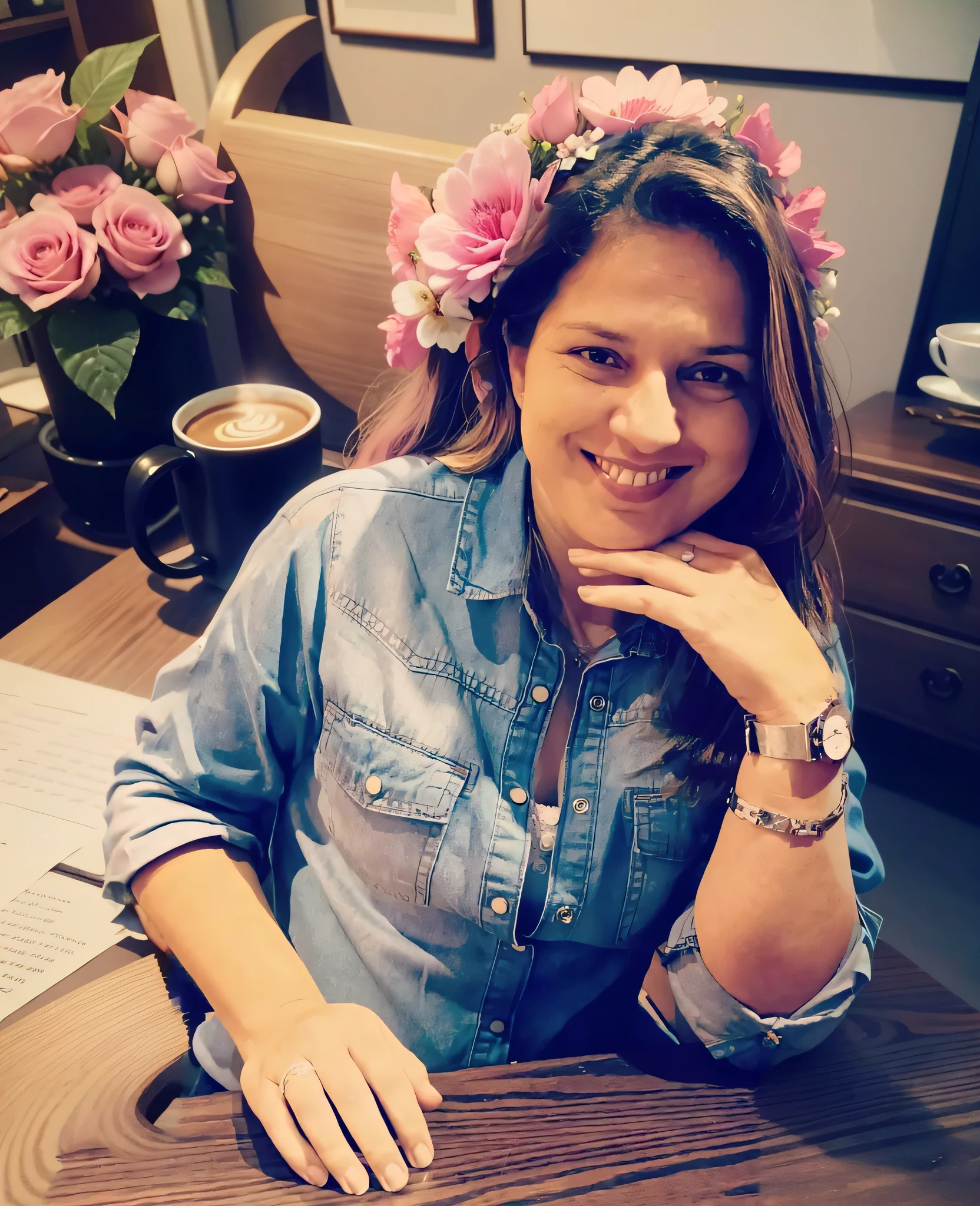 Improve the quality of the photo and add an old colonial floral cup of very beautiful coffee, very soft photo background with colors in shades of pink --auto --s2