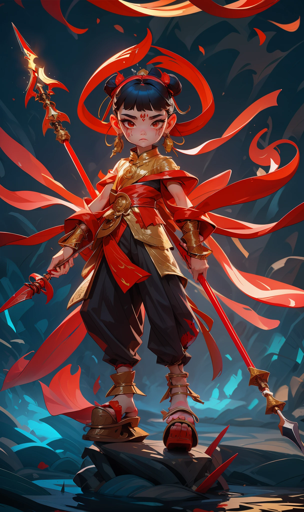 A *********** with blood on her face, a spear in her hand, a fire wheel on her feet, and a red silk on her body, a Chinese mythology