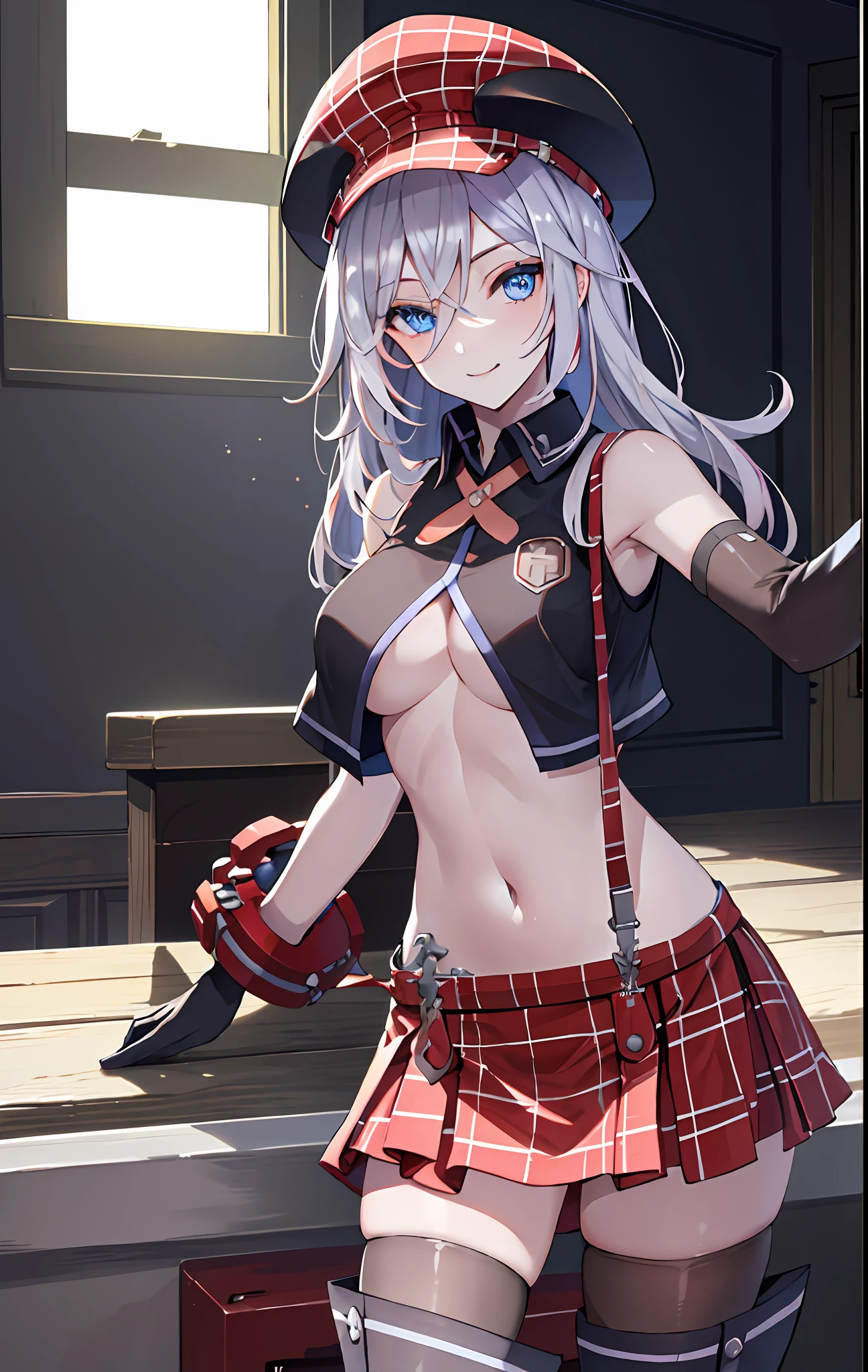 (SFW), masterpiece, best quality, highres 64k, clean, cinematic lighting, best shadow, volumetric lighting, ((beautifully detailed face,)) beautiful detailed eyes, beautifully detailed hair, multicoloured hair, (best illumination), (very sexy young female body:1.4), (medium breast, lactation ), ((seductive:1.3, ))smile, looking lovingly at the viewer, floating hair, makeup, 1girl, solo, blue eyes, sliver long hair, cabbie hat, open clothes, ((underboob,)) black shirt, suspenders, plaid skirt, thighhighs, white gloves, indoors, bedroom,hand on the door, opening door for the viewer, (welcome), (seductive pose, ) ( cowboy shot,),