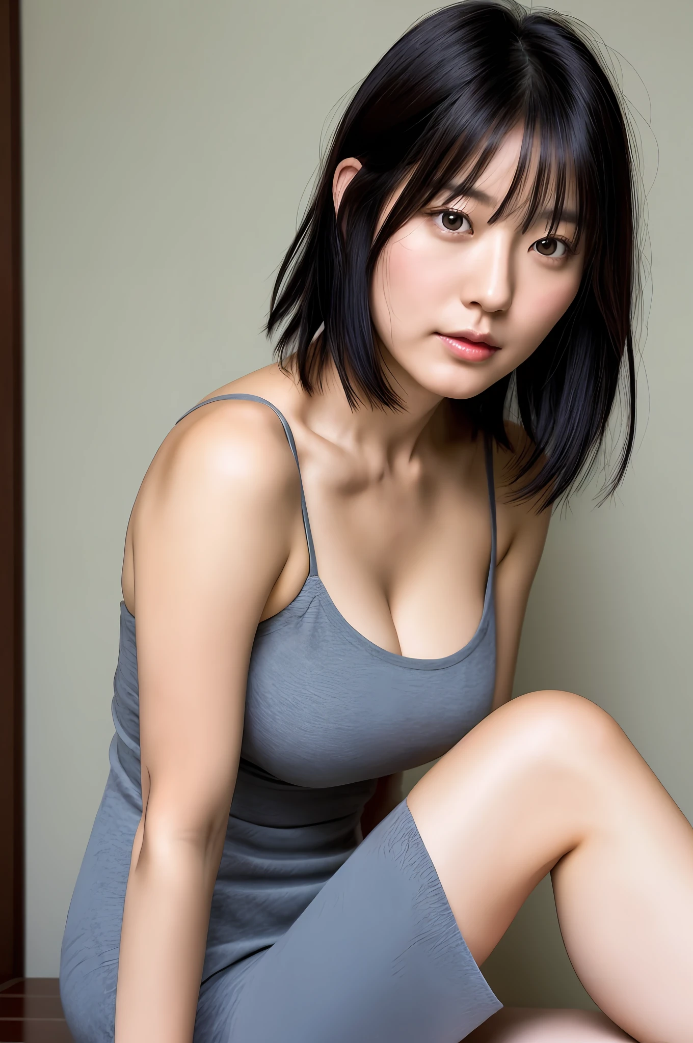 Japan model, 40 year old sensual gravure idol, realistic sensual gravure idol, beautiful asian girl,, bob hair, black hair, round face