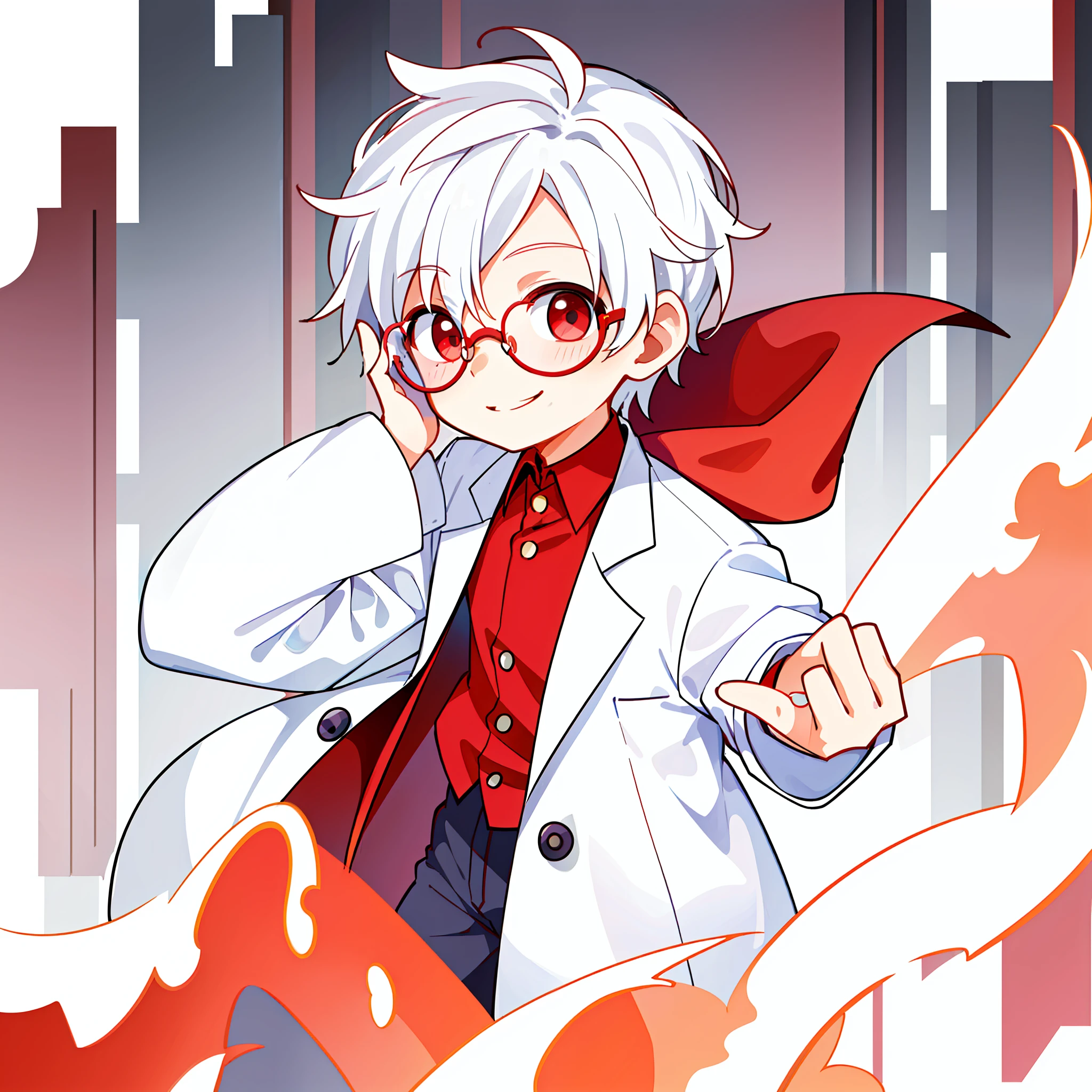 ((masterpiece)),(((best quality))), (high-quality, breathtaking), (expressive eyes, perfect face), 1boy, solo, male, short, young, small boy, white hair, red eyes, smiling, buildings, lab coat, glasses, wear short shorts, heart, cute background