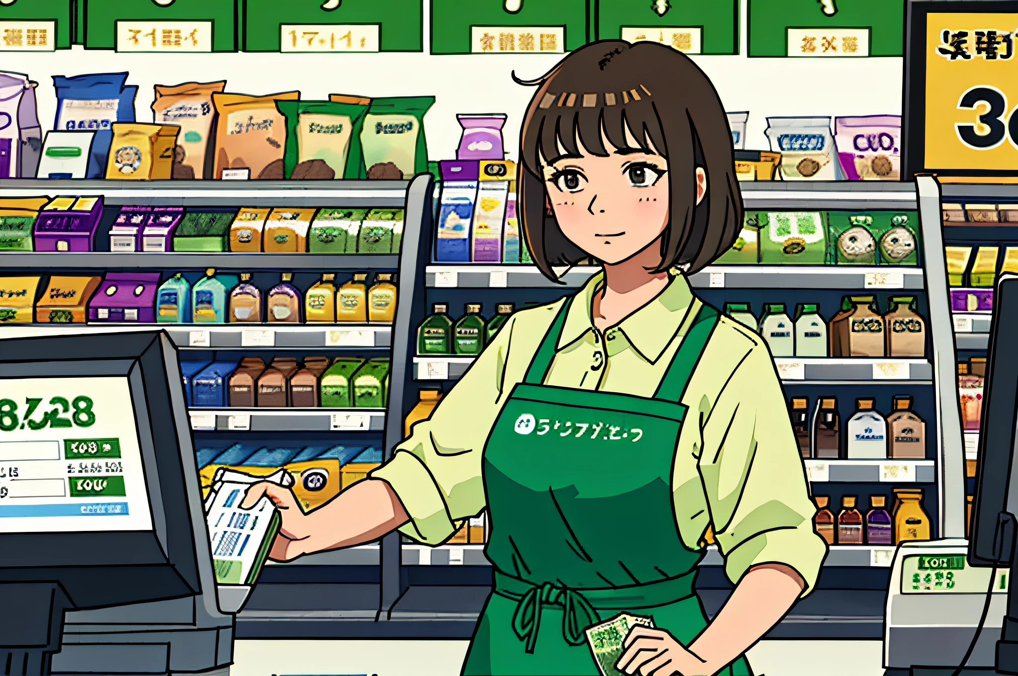 Woman in green apron with cabbage in grocery store, customer, at counter, at checkout, customer, convenience store, information, here big image, super smart, promotional image, cash register, getting groceries, Japan market, Asian woman, top quality, partially left, masterpiece, face detailed, mom, cashier, deformed, full body, 35 years old, modern, convenience store uniform, sandals, tired, ugly, brown hair, bob hair, part-time job, cash register, clerk, background inside convenience store, person hitting cash register