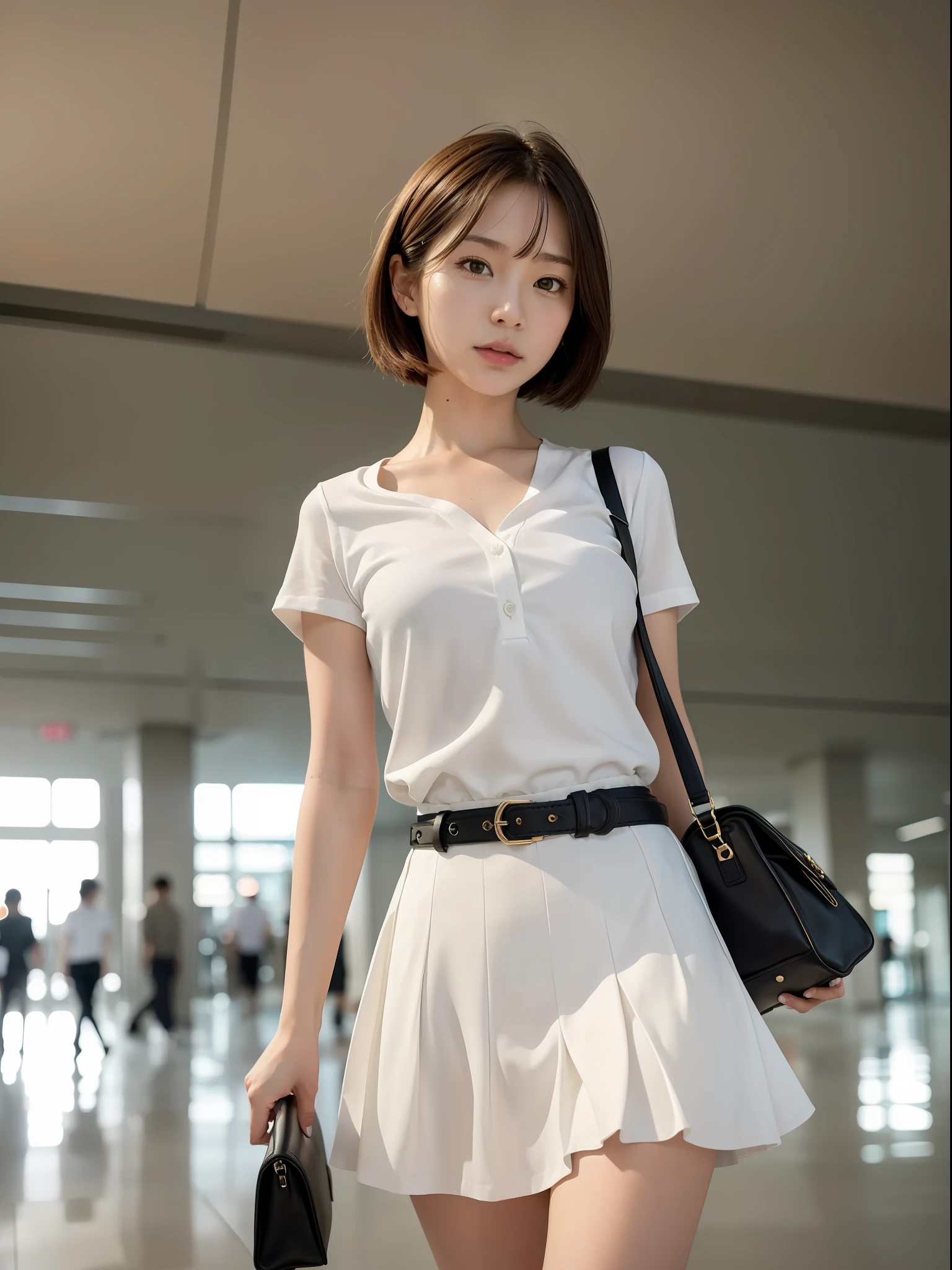 ((Best quality, 8k, Masterpiece: 1.3, raw photo)), Sharp focus: 1.2, (1 AESPA girl: 1.1), (realistic, photo-realistic:1.37), face focus, cute face, small breasts, flat chest, brunette short messy hair, walking, arms up, white shirt, skirt, airport, terminal, station, sunlight, cinematic lighting, from below