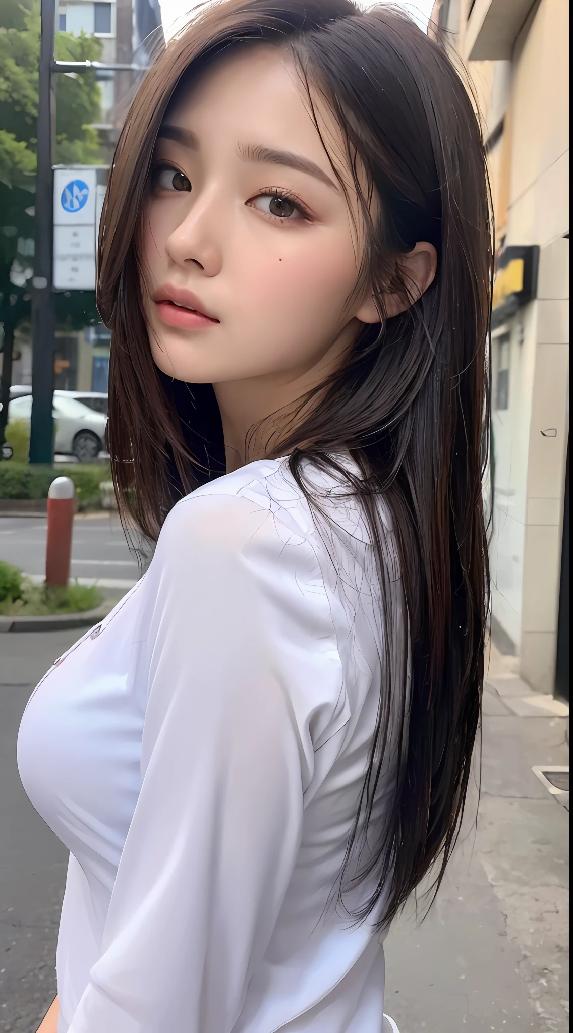 ((Best Quality, 8K, Masterpiece: 1.3)), Sharp: 1.2, Perfect Body Beauty: 1.4, Slim Abs: 1.2, ((Layered Hairstyle, Big Breasts: 1.2)), (Wet White Button Long Shirt: 1.1), (Rain, Street: 1.2), Wet: 1.5, Highly detailed face and skin texture, detailed eyes, double eyelids, side face looking at the camera