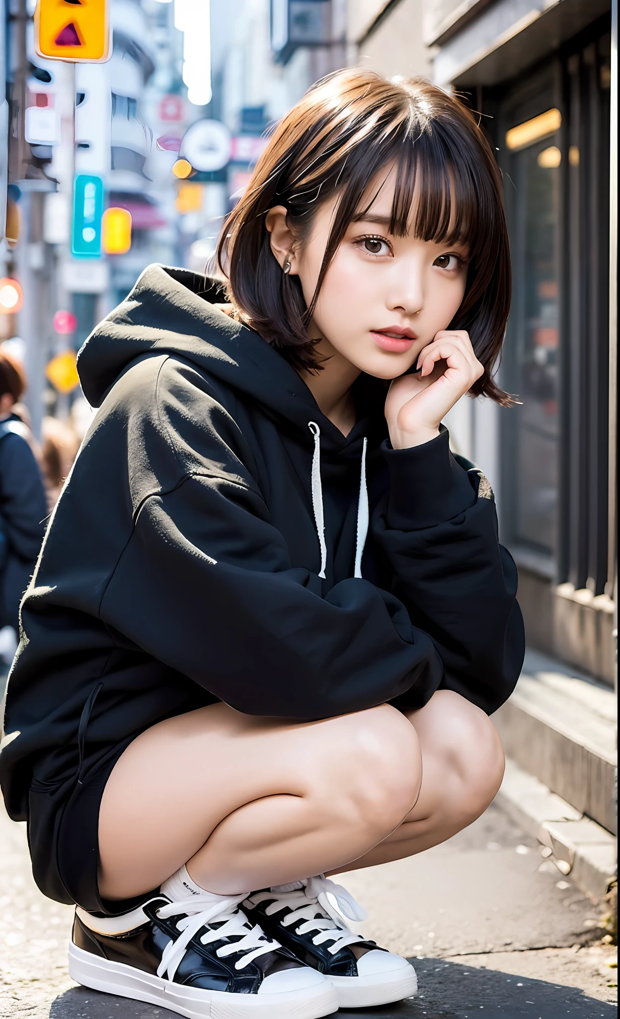 The scenery is a street lined with clothes stores. Meanwhile, a young girl is squatting. She wears a black hooded sweatshirt dress (mini length) in a large size. Large breasts. Wearing white lace underwear. I wear black high-tech sneakers on my feet. Her hair is curly bob cut with thick bangs and aligned. The girl is looking around with a curious expression and seems to be preparing for a new adventure. With details that are exquisitely reproduced down to the smallest detail, please express her expression and even the texture of the fabric of the clothes. In the highest quality, draw a full-length picture of her as a fashionable, fashion snap model.