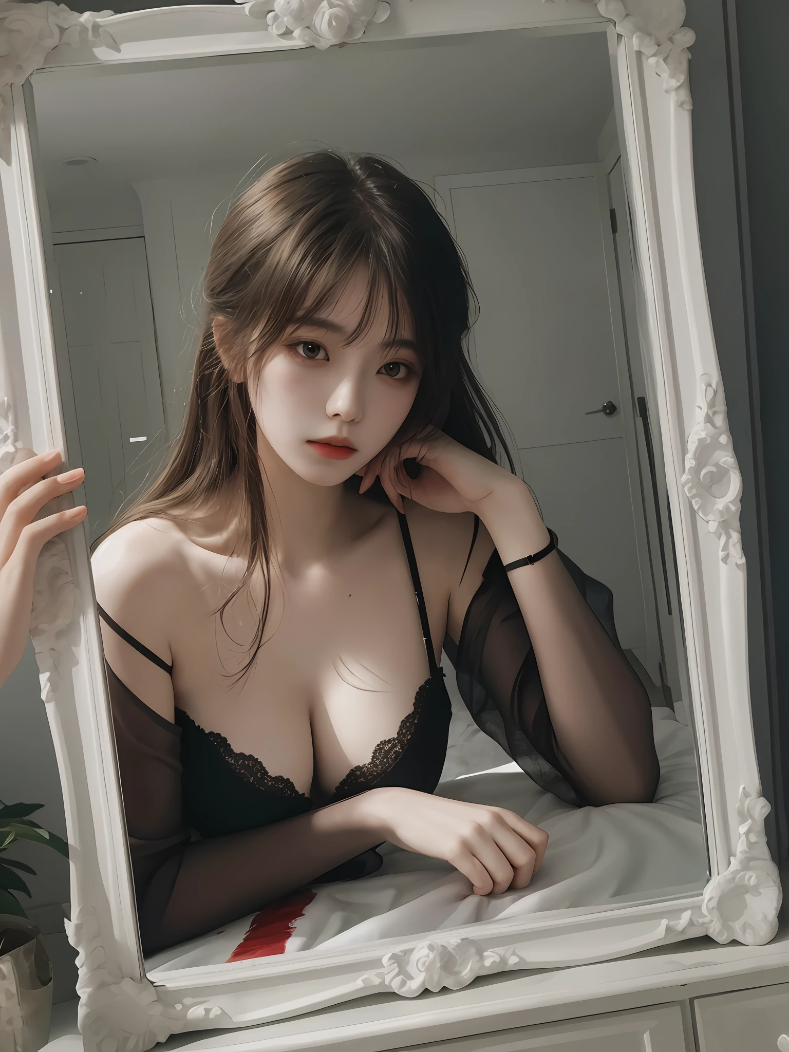 Masterpiece, best quality, 1 girl, solo, supine, lying on mirror, pale skin, messy hair, blood on clothes,