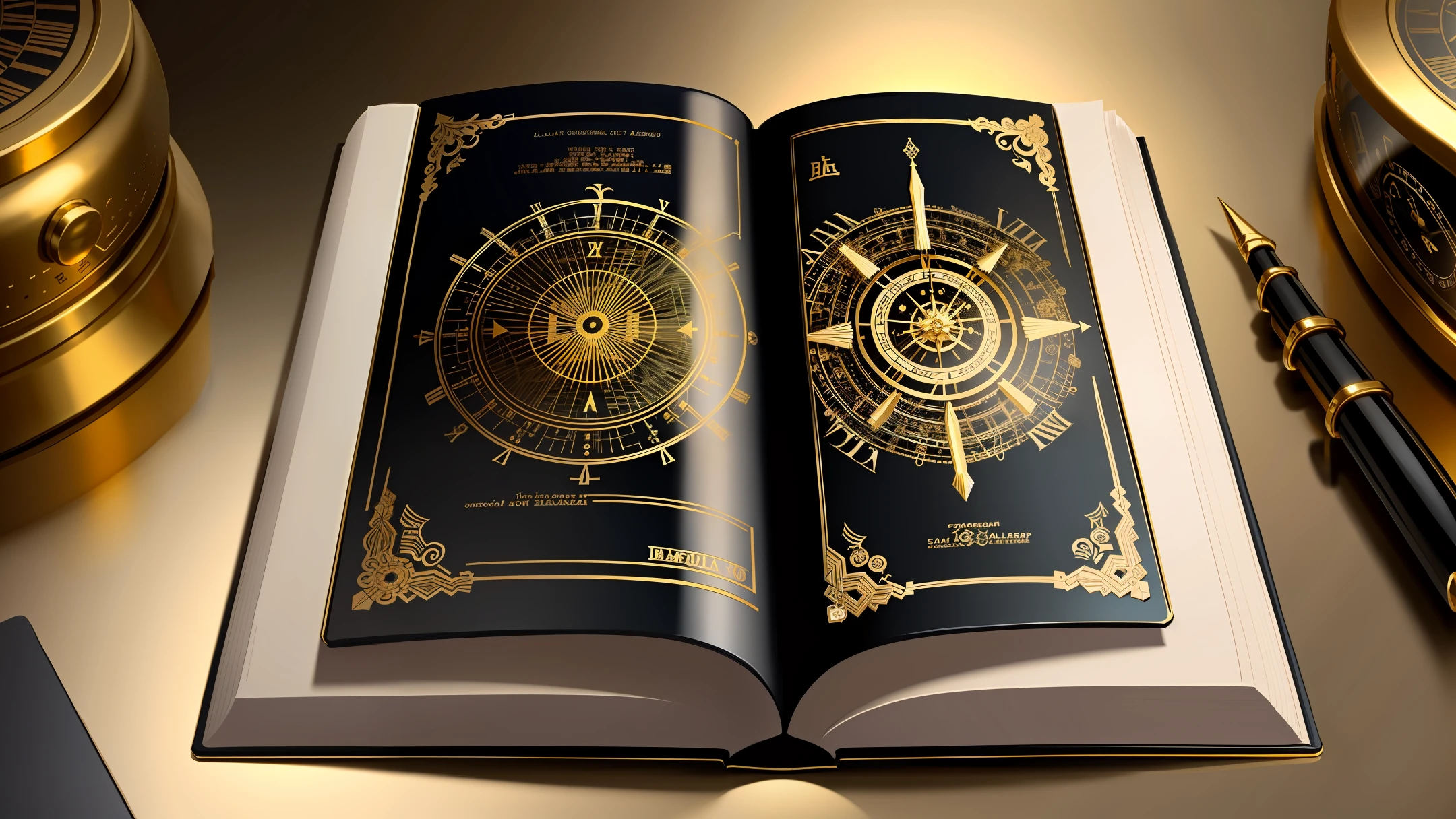 A black book, surrounded by gold wire, with a clock engraved in the middle