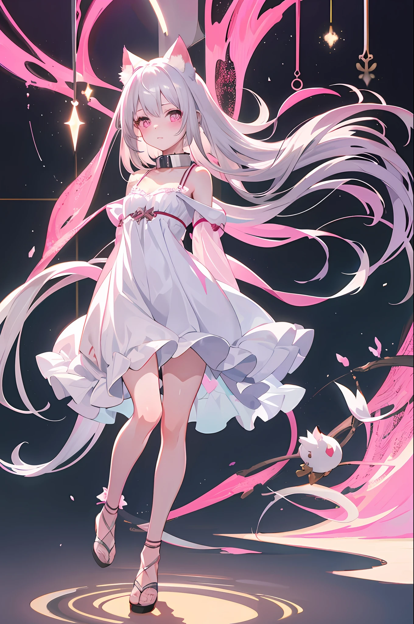 Best Quality, 1 Girl, Warm Lighting, Silver Hair on the Top of the Head and Pink at the Tips, Cute, Anime, Sheer White Skin, Asian Girl, Full Body, Sensual, Gentle Eyes, Cat Ears, Animation, Fantasy, Seductive, Shy Face, 14 Years Old, Frightened, White Dress, Collar, Tail, Wizard