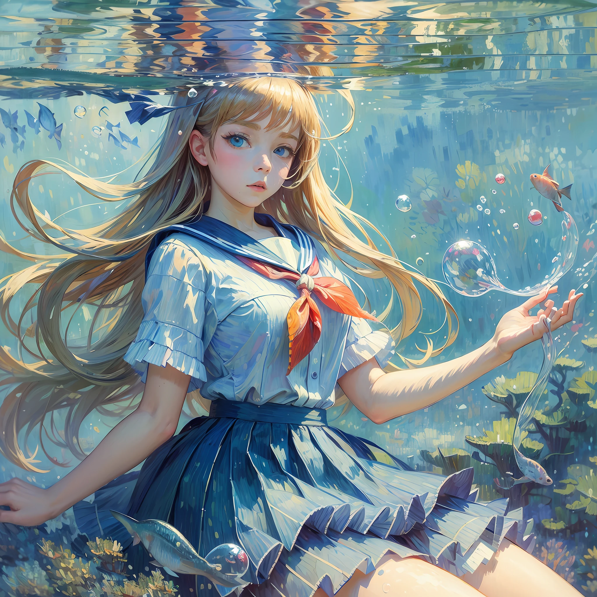 bubble, rating:safe, air_bubble, underwater, 1girl, fish, long_hair, submerged, school_uniform, serafuku, solo, water, skirt, neckerchief, short_sleeves,(Impressionism:1.4), Vincent van Gogh