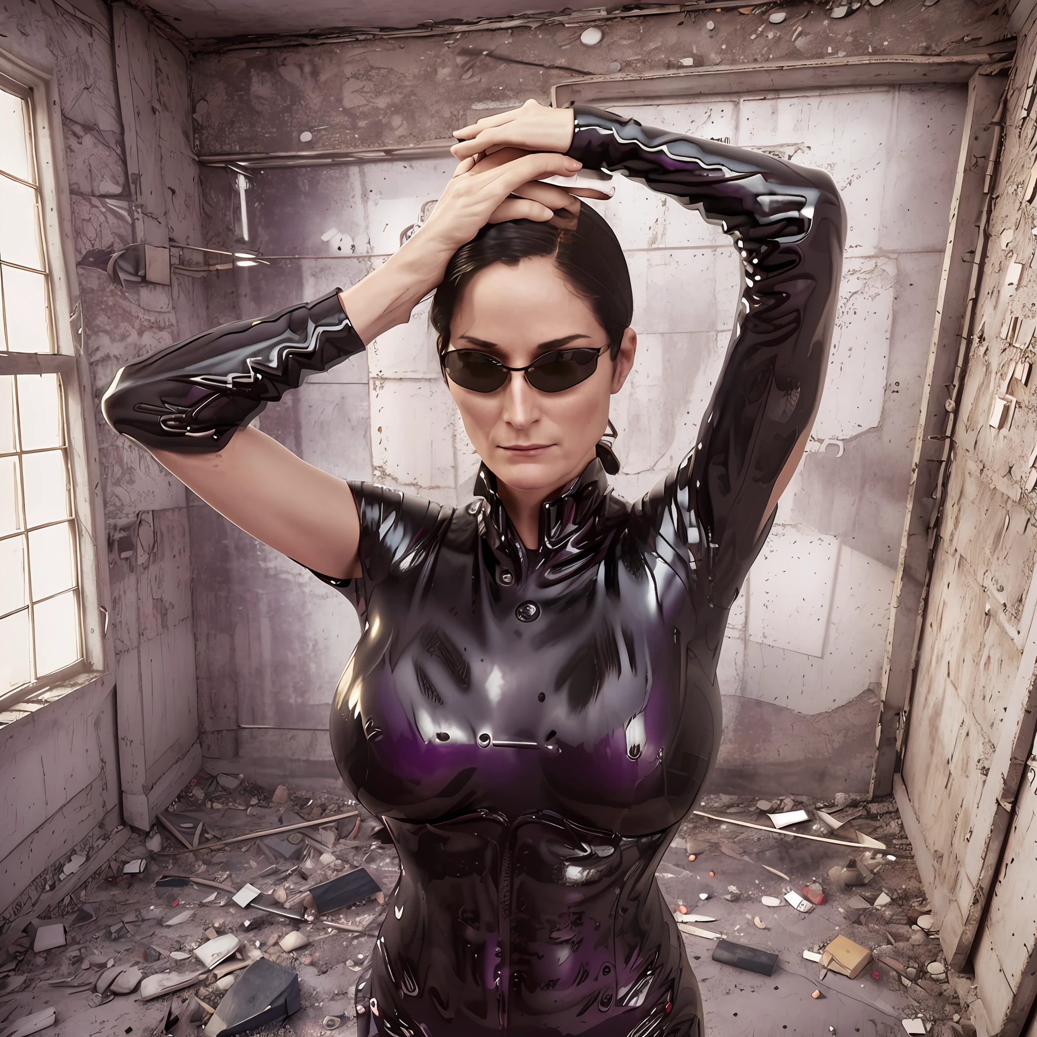 trinity00 wearing sunglasses , (picture of whole body, zoom out), (up hands to show hyper realistic armpit), (realistic picture of Carrie-Anne Moss), ((ultra huge cleavage, sexy huge breasts)), (purple latex, open chest body suit), (toilet room, in the shabby abandoned house), retro futurism, steampunk, silky skin, full body height, skin texture, high detailed skin, ambient smoke, haze, photorealism, cinematic, grain of old film, (32k), uhd, dslr, hdr, retro color, bet quality,