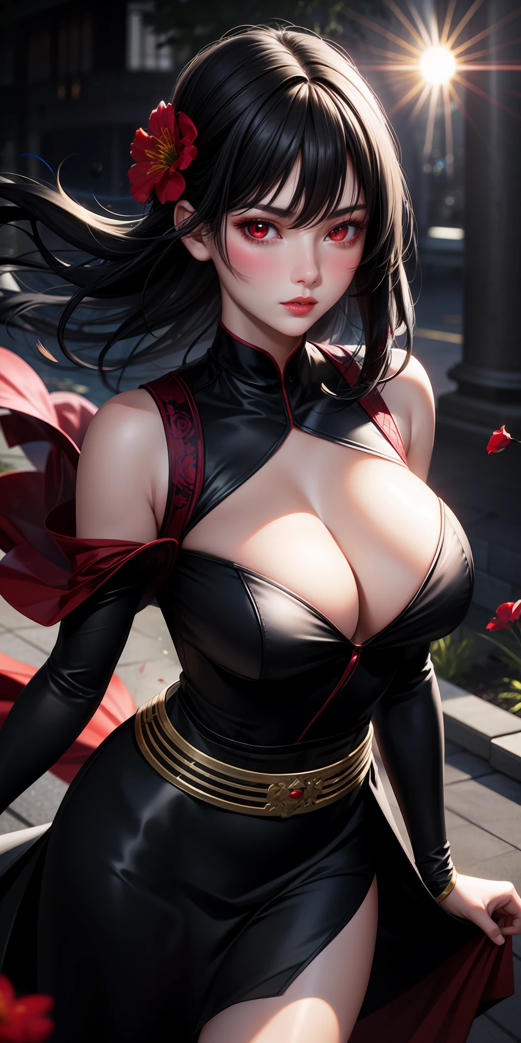 realistic, 1girl, black hair, red eyes, bright eyes, dress, oriental, skirt, lips parted, blush, night, flowers, sun, sunlight, large breasts, ninja