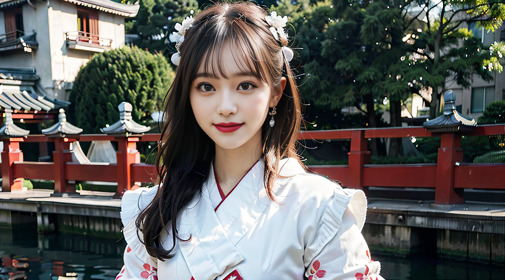 Top Quality, Masterpiece, Ultra HD, 8K, Raw, (Photorealistic picture:1.4), Professional Lighting, Depth of Field, (Detailed Background:1.5), (Shinto: 1.3), Slender, Dynamic Pose, Daytime, Single Woman, Cute, Smile, Big Black Eyes, Big, Detailed Clothing, (Miko:1.3), White, Kimono, Hakama, Sleeves, Red Long Skirt