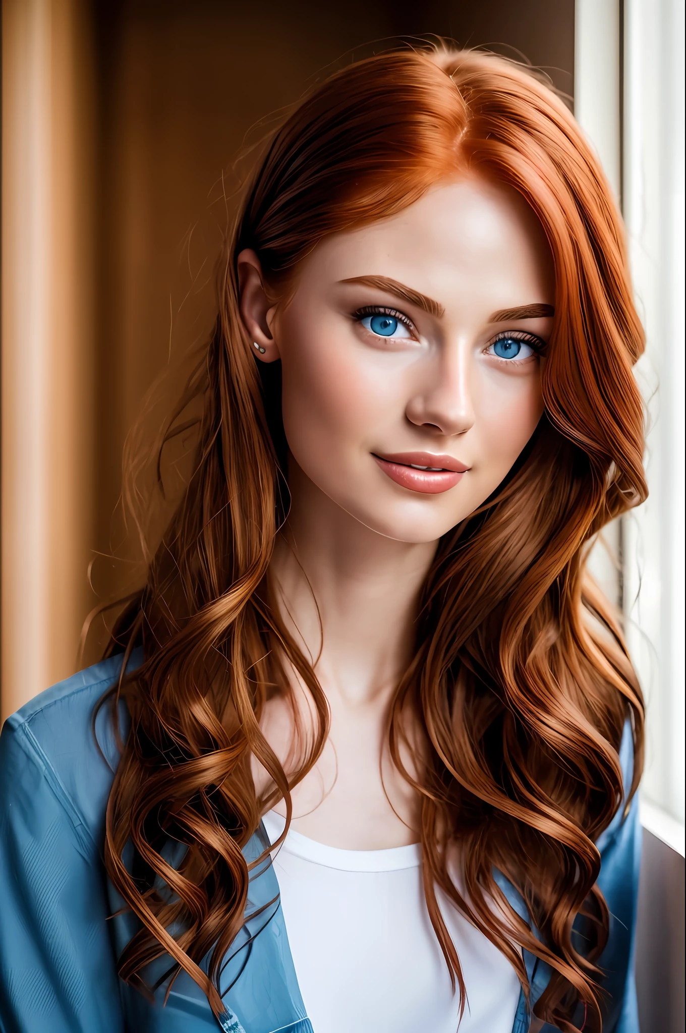 RAW photo, masterpiece, 22 year old red-haired woman wearing casual clothes, slim body, medium chest, small waist, long dark red hair, blue eyes, beautiful face, beautiful detailed eyes, looking at the viewer, incredibly beautiful woman, at home, (Highly detailed skin: 1.2), detailed hairstyle, detailed background, shallow depth of field, shorts, (sweat: 5), 8k, uhd, dslr, soft lighting,  side lighting, high quality, grain film, 20mp, Fujifilm XT3, 80mm, hasselblad