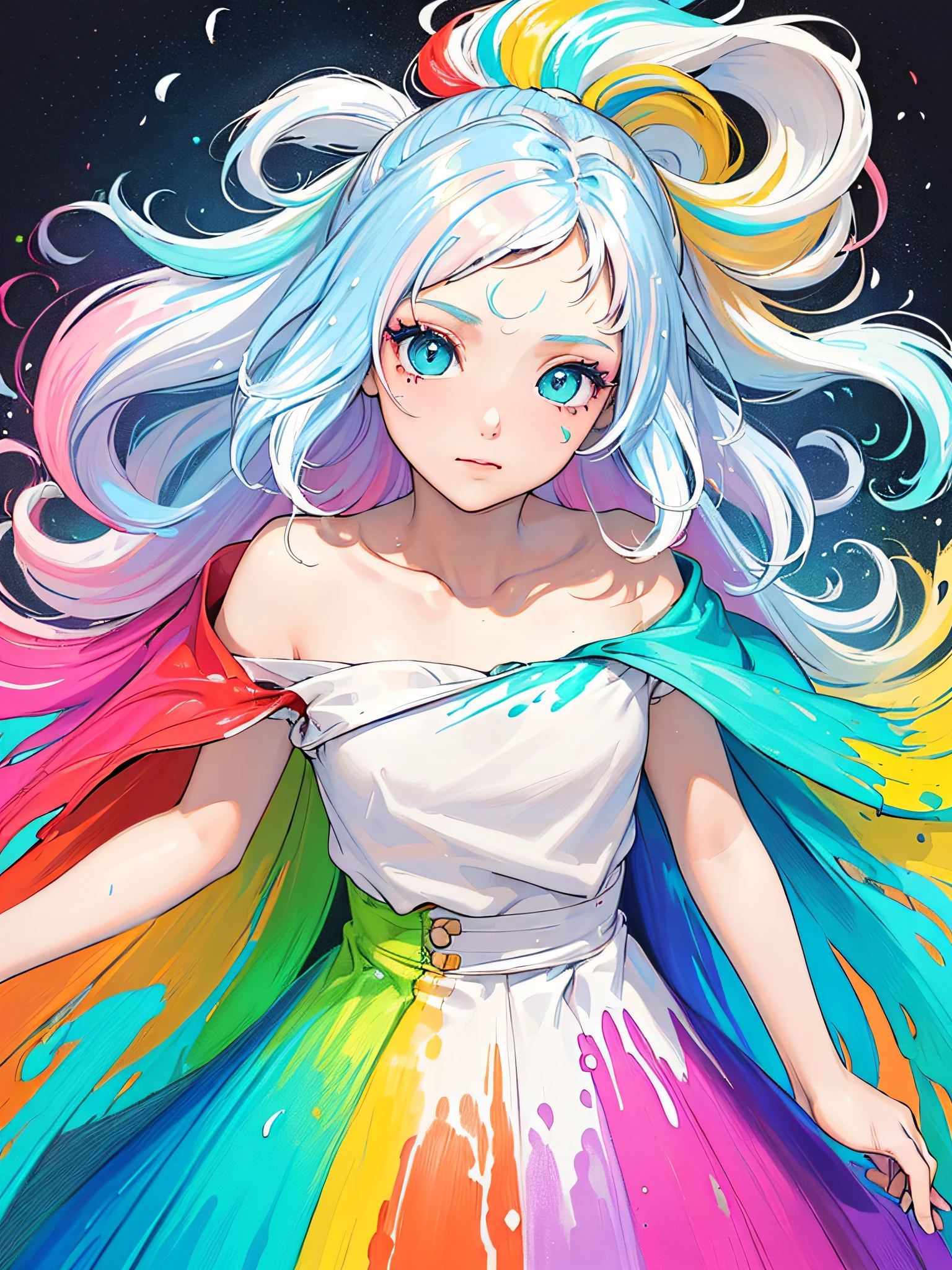 (Pink Fashion T-shirt:1.9),(Colorful hair: 1.8), (all the colours of the rainbow: 1.8),(((((vertical painting:1.6))), (painting:1.6),front, comics, illustrations, paintings, large eyes, crystal clear eyes,( rainbow color gradient high ponytail:1.7), exquisite makeup, closed mouth,(Small Fresh: 1.5),(Wipe Chest: 1.6) ,long eyelashes, white off shoulder T-shirt, White Shoulder Shirt,looking at the audience, large watery eyes, (rainbow colored hair:1.6), color splash, (solo:1.8), color splash, color explosion, thick paint style, messy lines, ((shining)),(colorful), (colorful), (colorful), colorful, Thick Paint Style, (Splash) (Color Splash), Vertical Painting, Upper Body, Paint Splash, Acrylic Pigment, Gradient, Paint, Highest Image Quality, Highest Quality, Masterpiece, Solo, Depth of Field, Face Paint, colorful clothes, (Elegant: 1.2), gorgeous,long hair, wind, (Elegant: 1.3), (Petals: 1.4),(((masterpiece))),(((best quality))),((ultra-detailed)),(illustration),(dynamic angle),((floating)),(paint),((disheveled hair)),(solo),(1girl) , (((detailed anima face))),((beautiful detailed face)),collar,bare shoulders,white hair, ((colorful hair)),((streaked hair)),beautiful detailed eyes,(Gradient color eyes),(((colorful eyes))),(((colorful background))),(((high saturation))),(((surrounded by colorful splashes))),