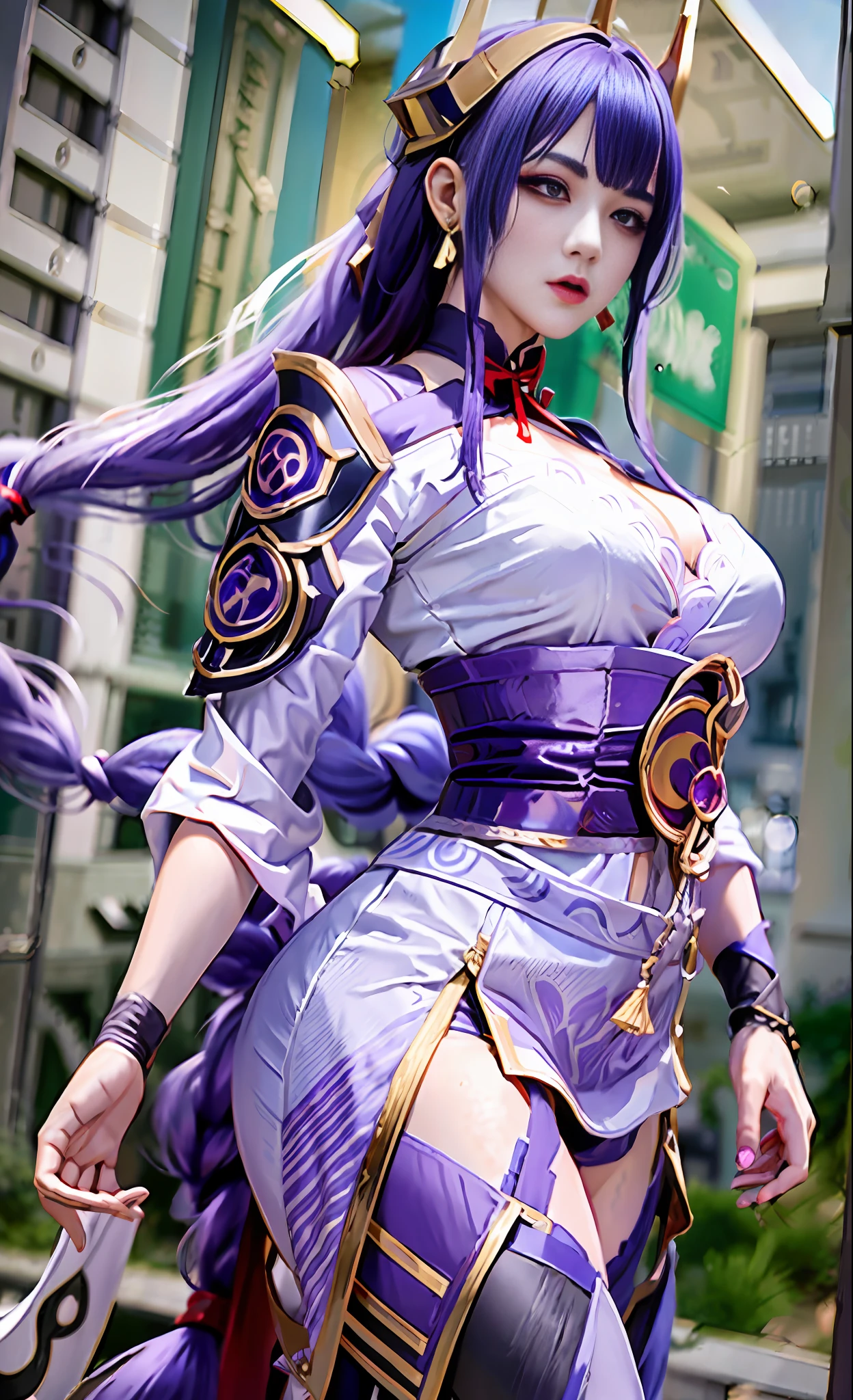 Unreal Engine 5 Realistic Render, RaidenShogun, detailed clothes, white clothes, blunt bangs, braid, (huge breasts:1.1), cleavage, wide-sleeved kimono, hair ornament, white japanese clothes, (red obi:1.4), (purple hair:1.4), very long hair, straight hair, detailed face, cool face, (smooth chin:0.85), closed mouth, long eyelashes, sharp eyes, looking at viewer, beautiful eyes, detailed eyes, thick eyebrows, red eyeshadow, symmetry eyes, (ulzzang-6500:0.7), skirt, (from below:1.1), (cyberpunk city:1.4), from side, (rooftop:1.5), (star \(sky\):1.3), photon mapping, physically-based rendering, RAW photo, highly detailed background, high res, perspective, beautiful face, top body is hyper realistic thicc muscle and hyper largest_breasts!! with the type of boobs_melons, lower is huge buttocks, wet shiny body