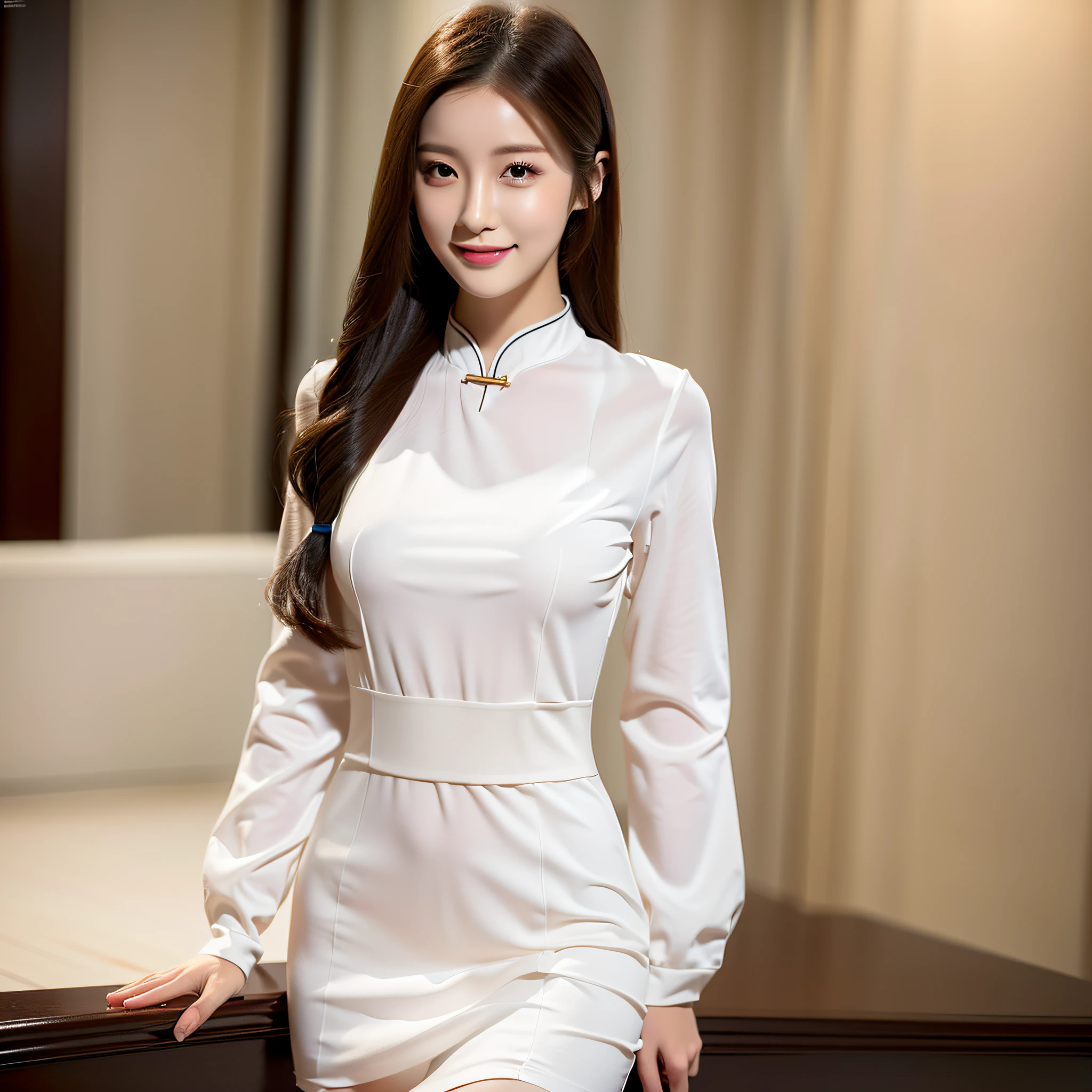 (Full body photo), long legs, thin waist, a 20-year-old Chinese nurse, best quality, realistic, (fine details), clear lines, high resolution, extremely detailed, (single focus), detailed facial features, detailed clothing features, (fashion hairstyle: 1.3) looking at the viewer, interior, smile, detailed face, double eyelids,