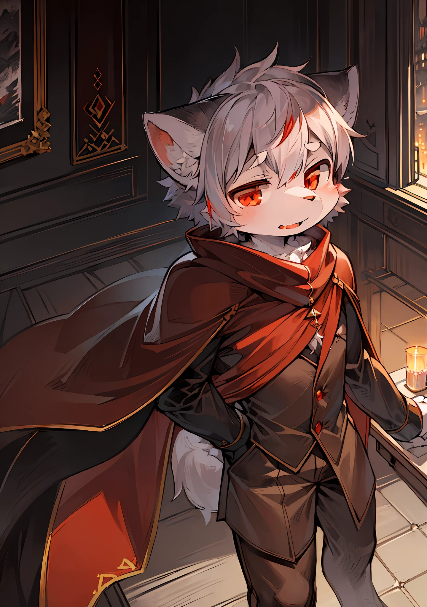 (dark environment:0.8),masterpiece, high quality, absurd res, digital painting \(artwork\), by dagasi, yupa,kiyosan,(anthro,fluffy fur,character focus:1.1),anthro male cat,short hair,portrait, bright eyes,panorama,character focus.(detailed background:0.7),solo,furry,furry male ,male focus,anthr,(Full body fur, fluffy tail, white fur,red eyes,gray hair:1.2),(long canines,vampire, cape:1.2),(interior,night, castle, coffin:1.1)