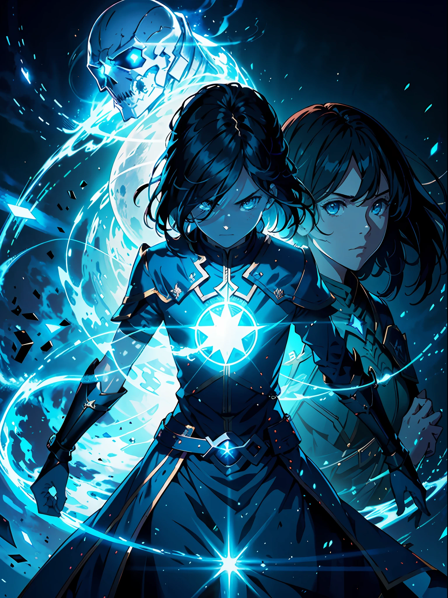 book cover of a middle school fantasy novel, a huge math game board surrounded by light, flutua no meio. Behind it, you can see the face of a hero challenging a math game against the backdrop of a blue sky, um preto sem rosto-adolescente de cabelo. Atmosfera encantadora. Alta qualidade