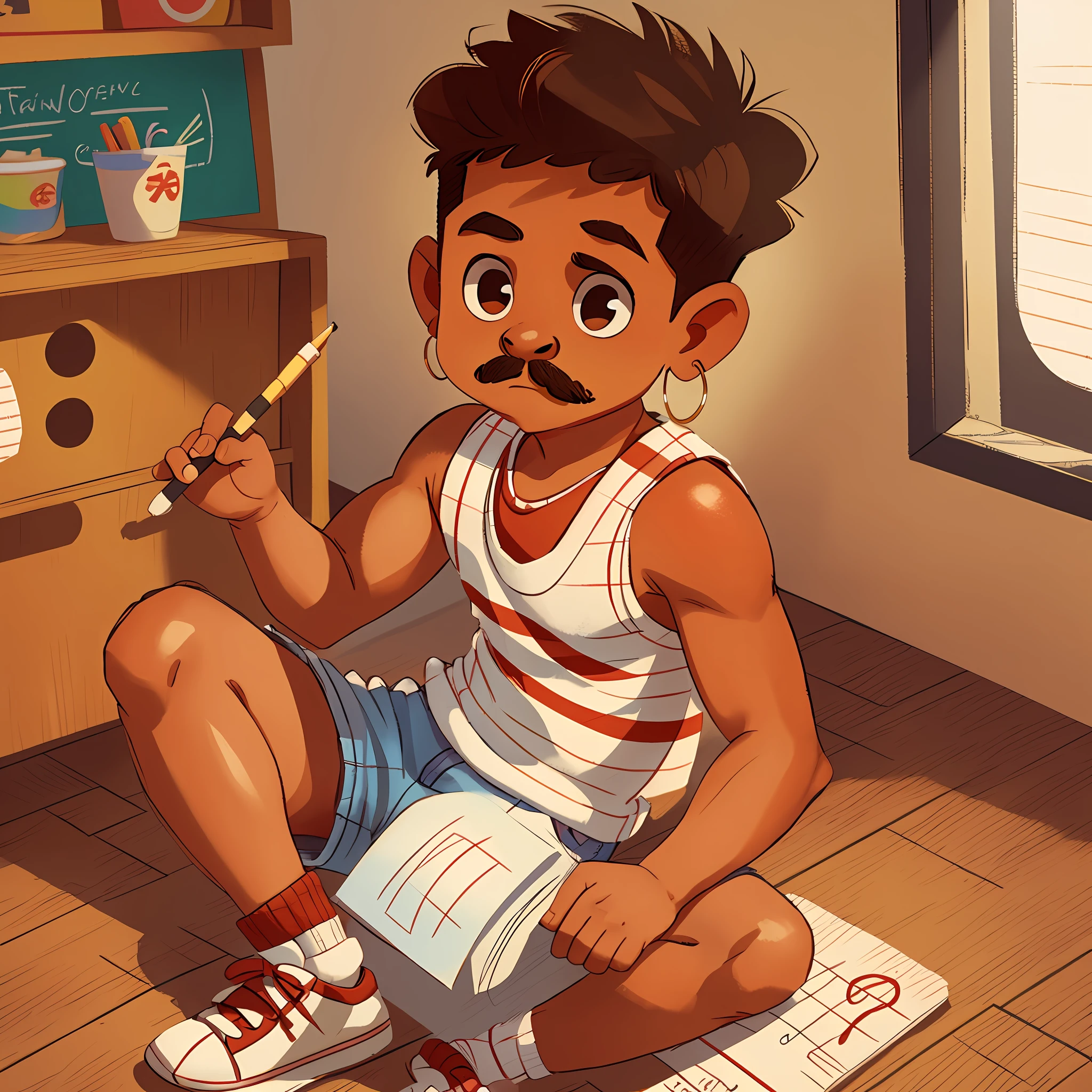 A brown-skinned Latino boy, short, shaved hair on the sides, small hoop earrings, wearing a mustache, white tank top and jean shorts, white socks with red stripes and black sneakers. Holding colored pencil and brush, several sheets of paper drawn on the floor. A cute little red monster with horns in the background