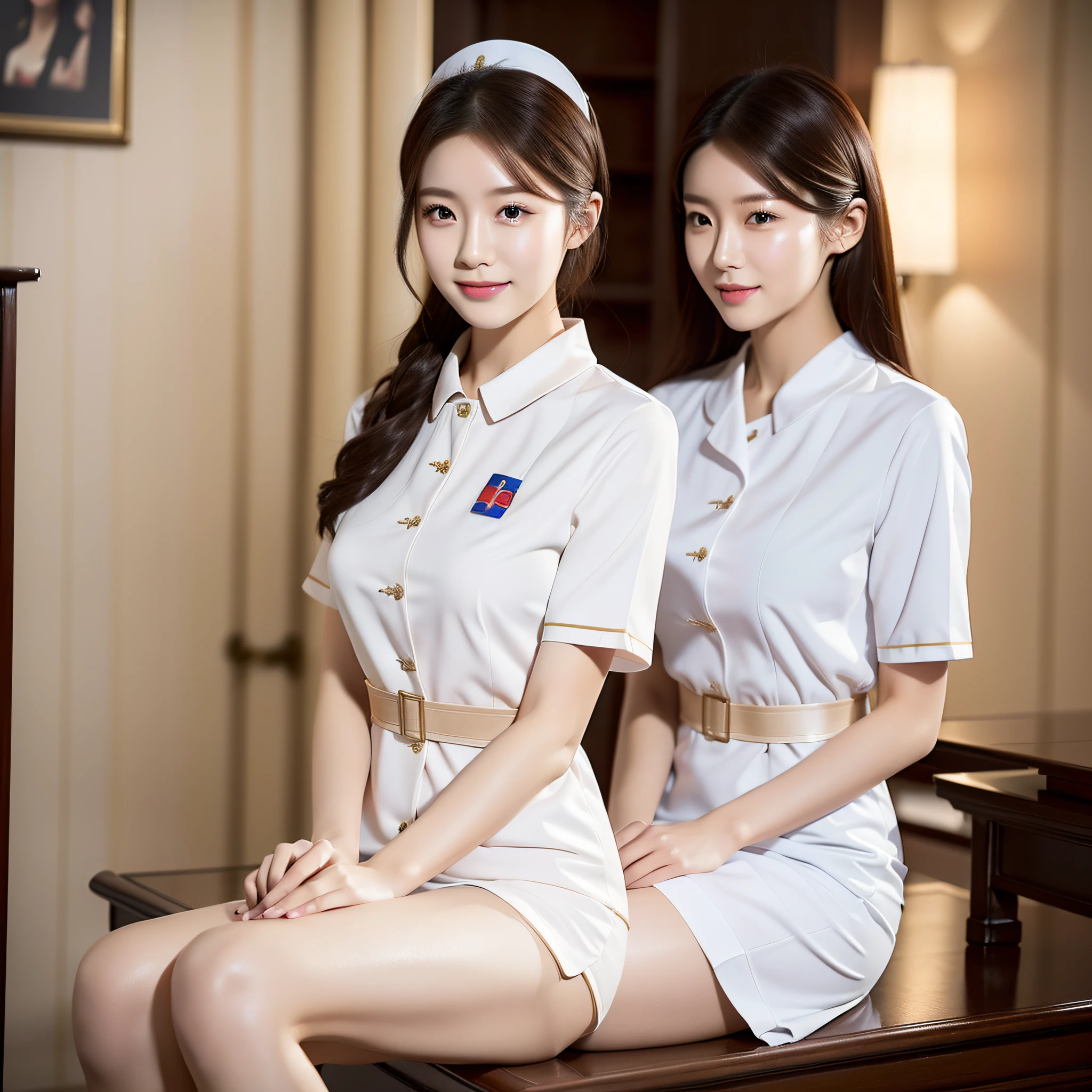 (Full body photo), long legs, thin waist, a 20 year old Chinese nurse, best quality, realistic, (exquisite details), clear lines, high resolution, extremely detailed, (single focus), detailed facial features, (nurse uniform) detailed clothing features, (fashion hairstyle: 1.3) looking at the audience, interior, smile, double eyelids,