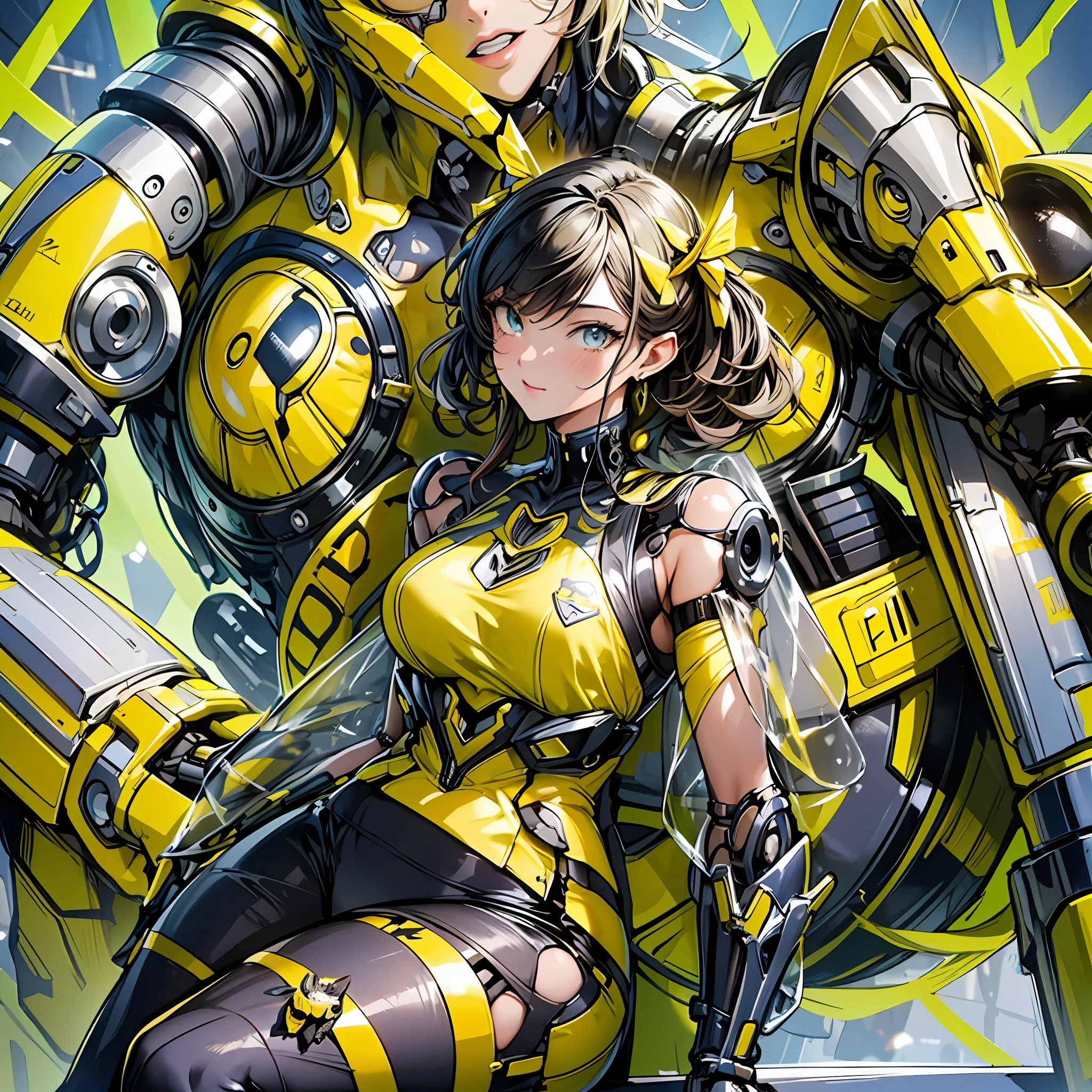 a close up of a woman in a yellow and black outfit, best anime 4k konachan wallpaper, cyberpunk bee, mechanized valkyrie girl, biomechanical oppai, human structure bee concept art, extremely detailed artgerm, based on bumblebee, cyborg wasp, anime style 4 k, oppai cyberpunk, insect trainer girl, bumblebee