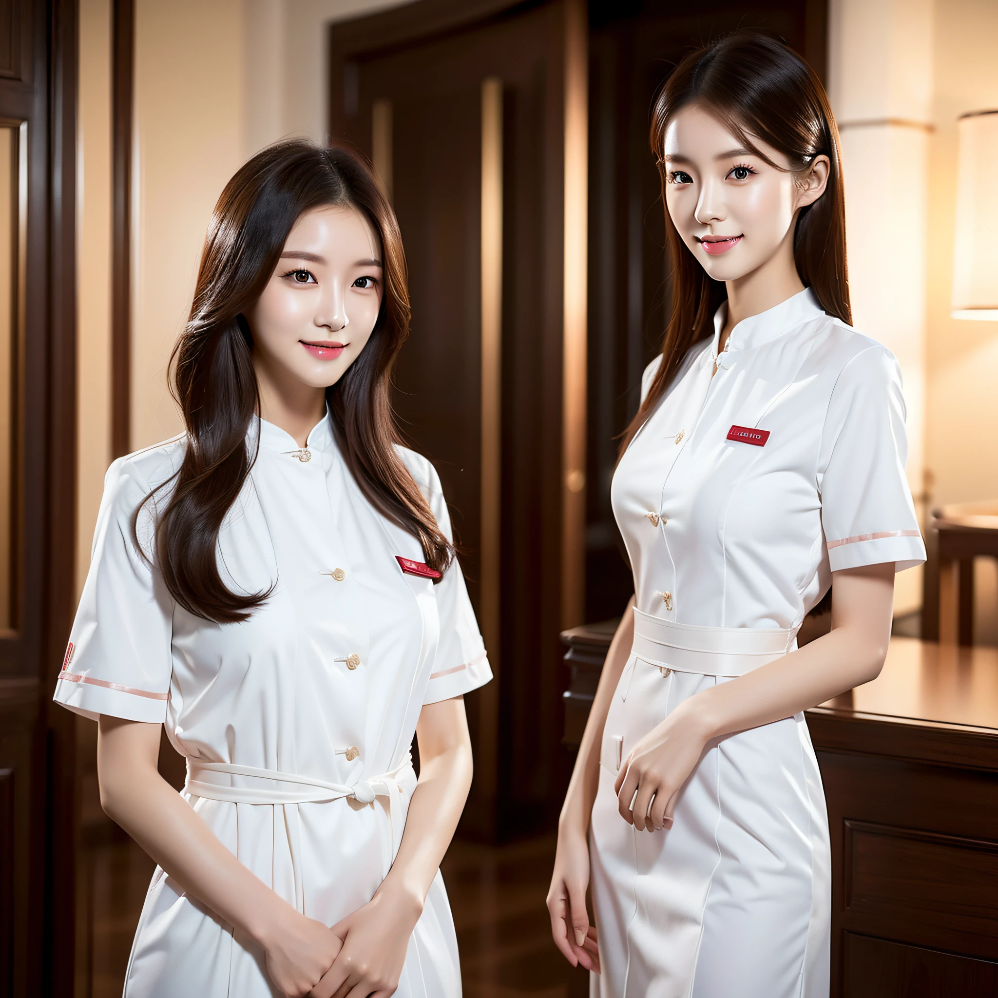 (Full body photo), long legs, thin waist, a 20 year old Chinese nurse, best quality, realistic, (exquisite details), clear lines, high resolution, extremely detailed, (single focus), detailed facial features, (nurse uniform) detailed clothing features, (fashion hairstyle: 1.3) looking at the audience, interior, smile, double eyelids,