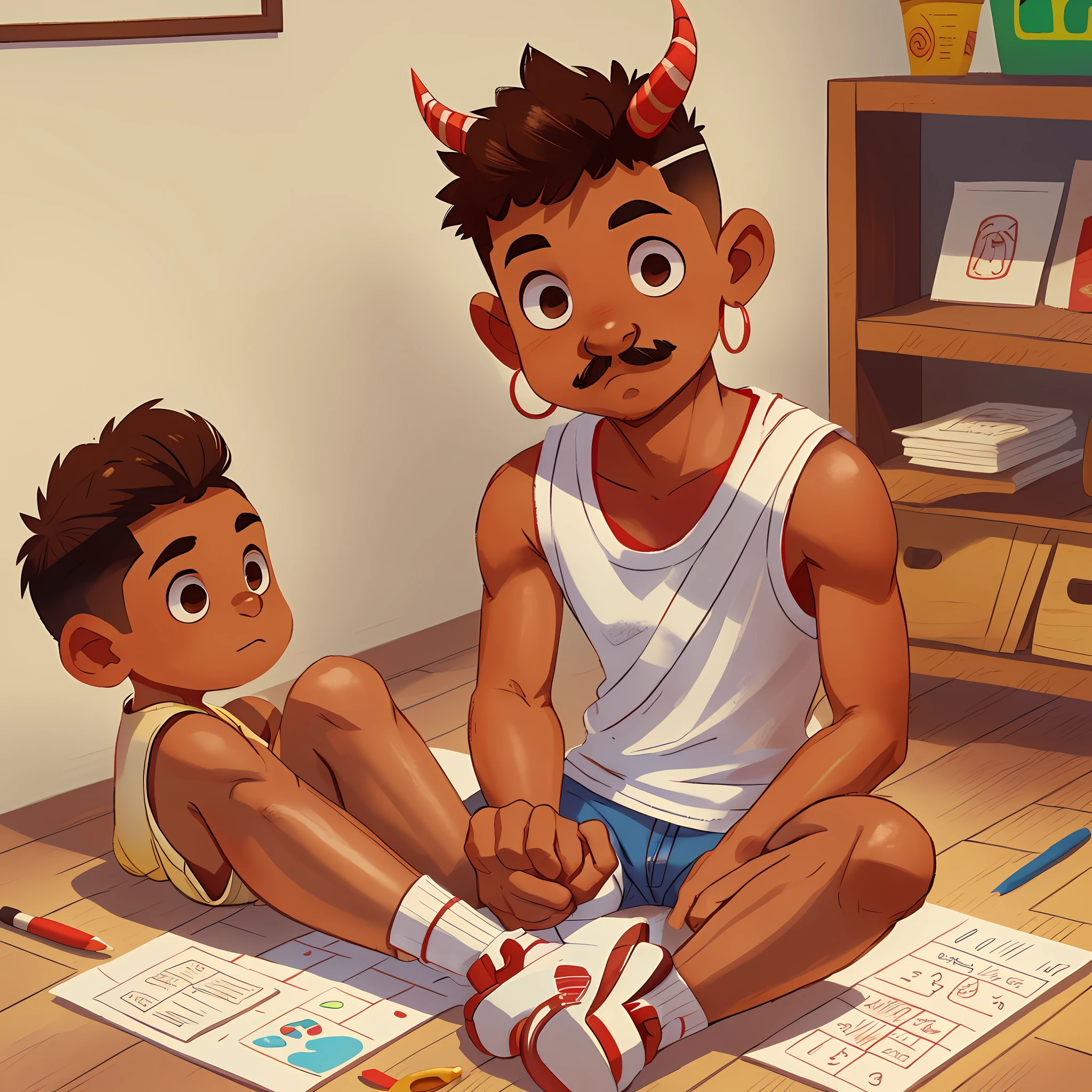 A brown-skinned Latino boy, short, shaved hair on the sides, small hoop earrings, wearing a mustache, white tank top and jean shorts, white socks with red stripes and black sneakers. Holding colored pencil and brush, several sheets of paper drawn on the floor. A cute little red monster with horns in the background