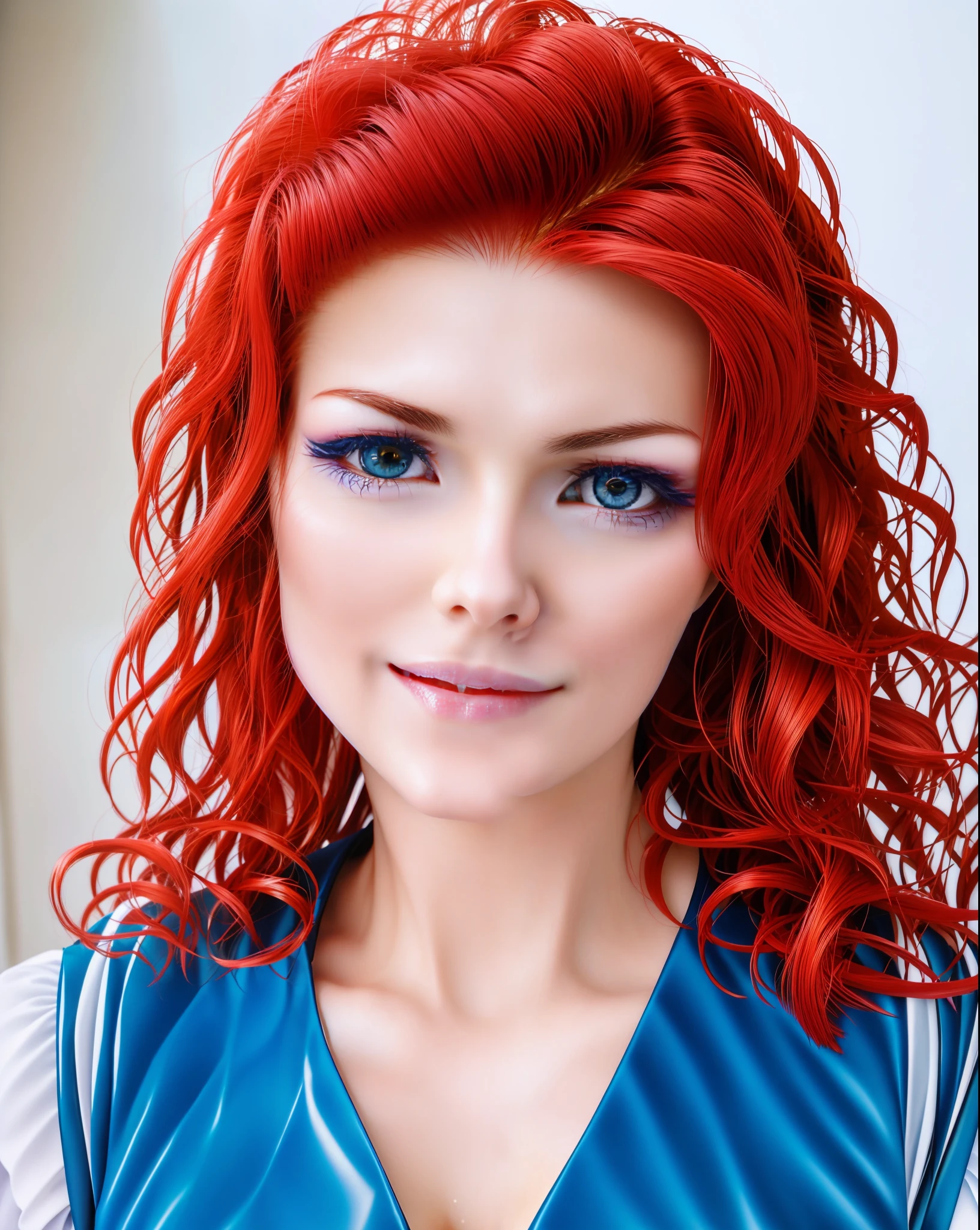 Irina Meier, extreme closeup, smiling at the viewer, red hair, blue eyes, (8k, RAW photo, best quality, masterpiece: 1.2), ultra-detailed, (highly detailed skin: 1.2), 8k UHD, DSLR, soft lighting, high quality, ((side pose))