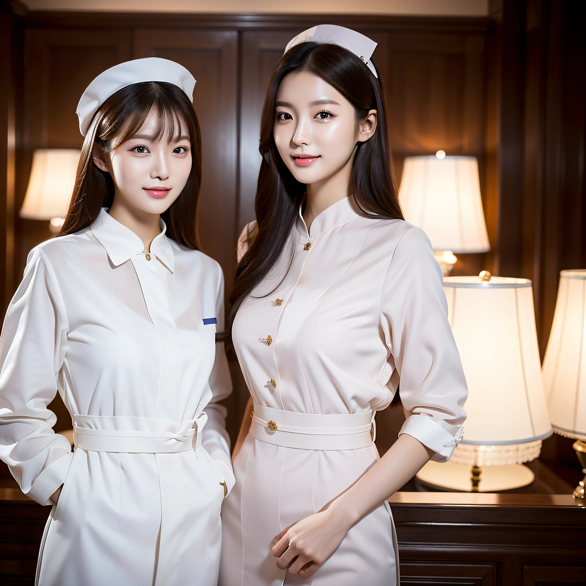 (Full body photo), long legs, thin waist, a 20 year old Chinese nurse, best quality, realistic, (exquisite details), clear lines, high resolution, extremely detailed, (single focus), detailed facial features, (nurse uniform) detailed clothing features, (fashion hairstyle: 1.3) looking at the audience, interior, smile, double eyelids,