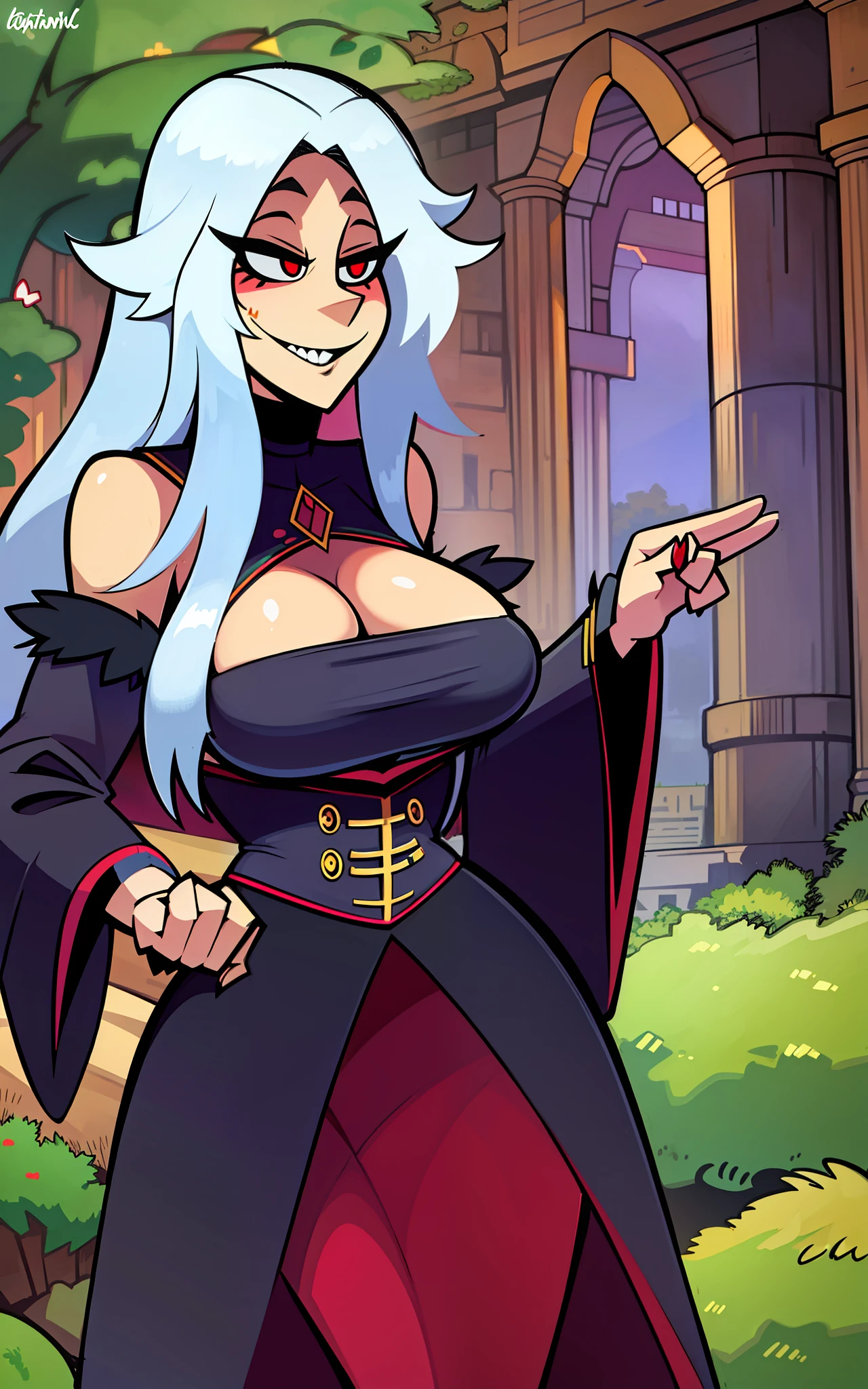 Gothic, huge chest, tall woman, curved, f, long hair, christian, alone, catholic, latin cross,, forest city, plants, walking, smile, smile, ,fur clothes, wizard, medieval, village,tights, portrait, long skirt, long dress, flip-flops, , huge breast, , , 1gir,1character, walking,long skirt, red eyes