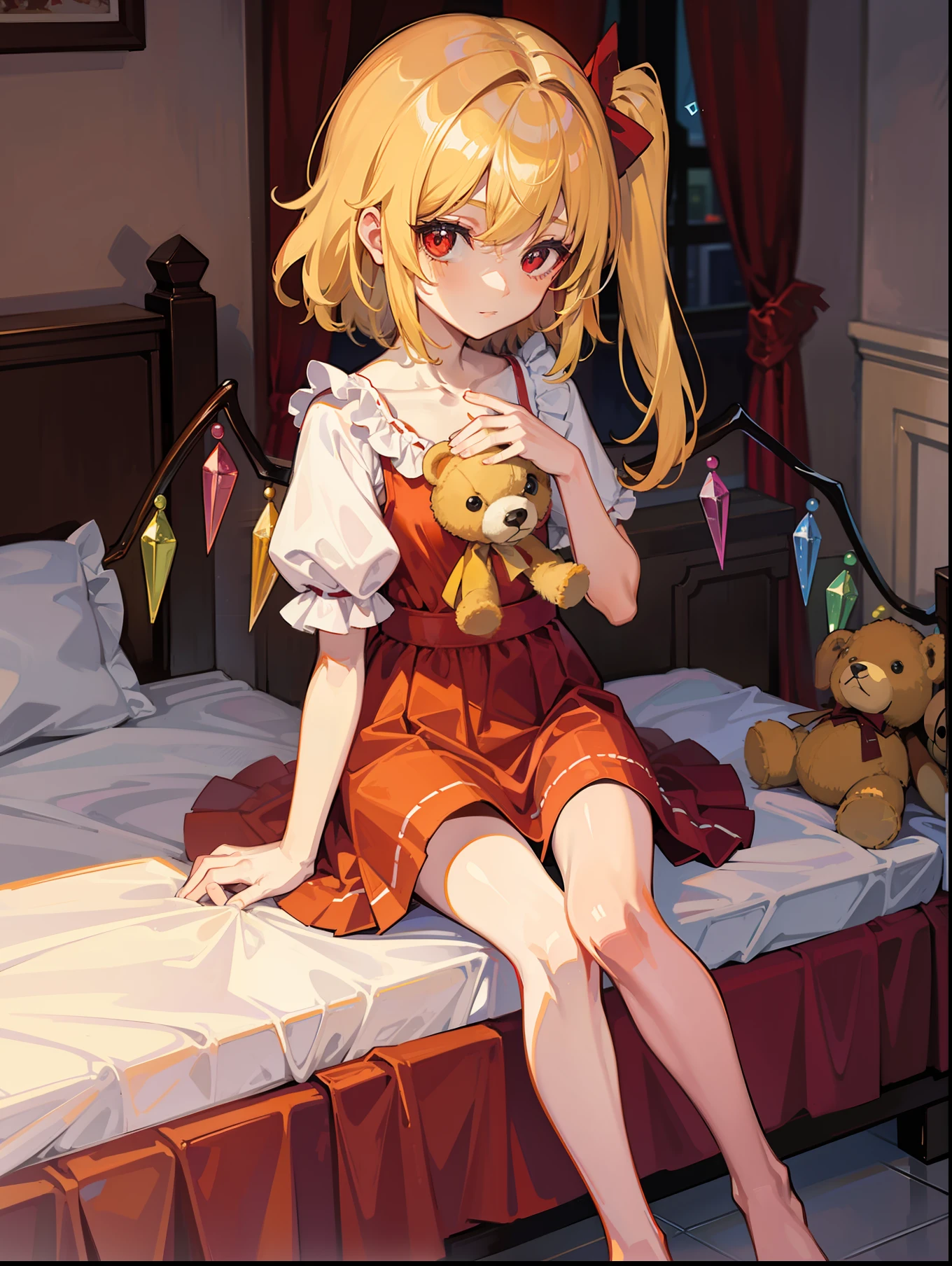 Flandre, in the bedroom, sitting on the bed, holding a teddy bear