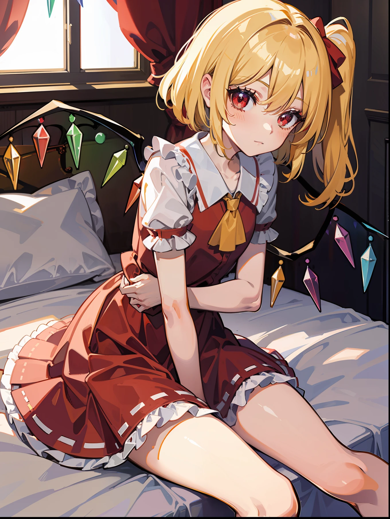 Flandre, in the bedroom, sitting on the bed, holding a teddy bear