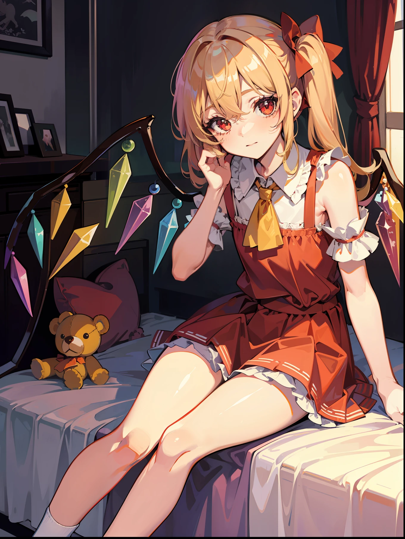 Flandre, in the bedroom, sitting on the bed, holding a teddy bear