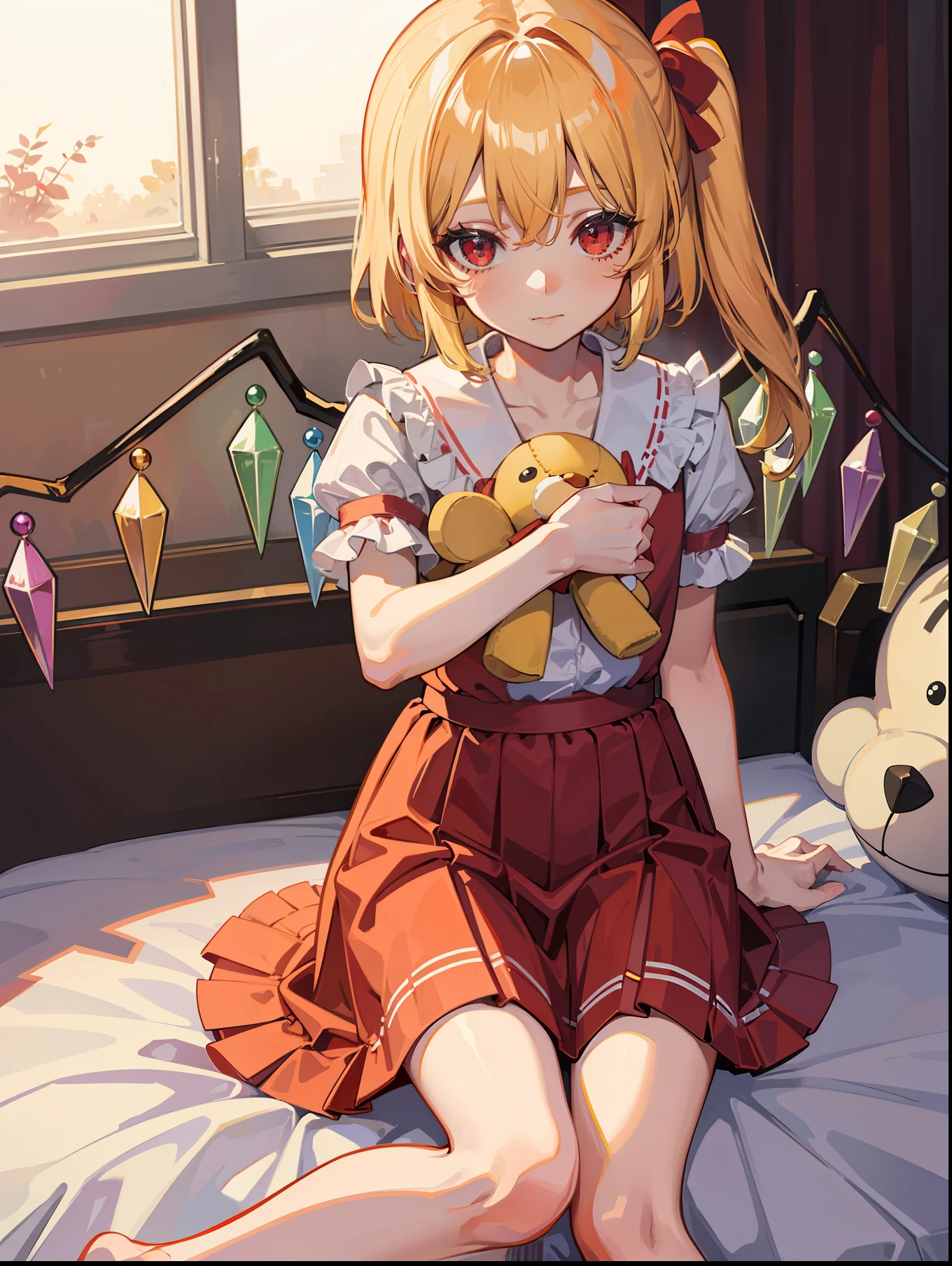 Flandre, in the bedroom, sitting on the bed, holding a teddy bear