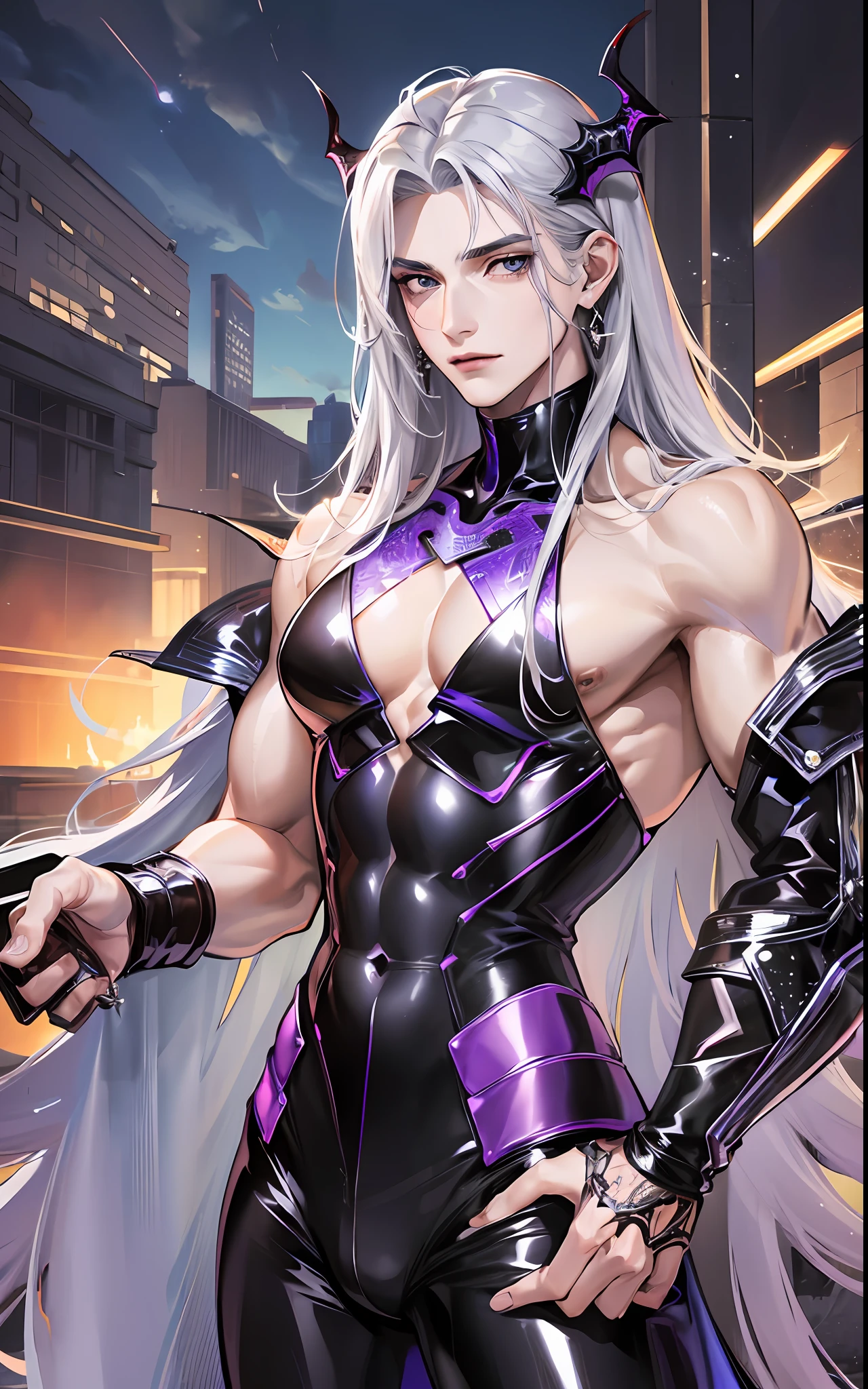 man, masculine, masculine face, attractive, muscular, ((1man)), masterpiece, absurdres, best quality ,intricate details , (shiny skin, shiny body, shiny oily luster skin, shiny hair, pale skintone), Sundown, attractive, ((muscular)), adult, one, earrings, black pants, Don't look at the view , Not looking at the view, purple blue long hair, perfect detailed face, perfect detailed hands, vampire, silver gray eyes, ((MLS)), medium large shoot, horns, black suit