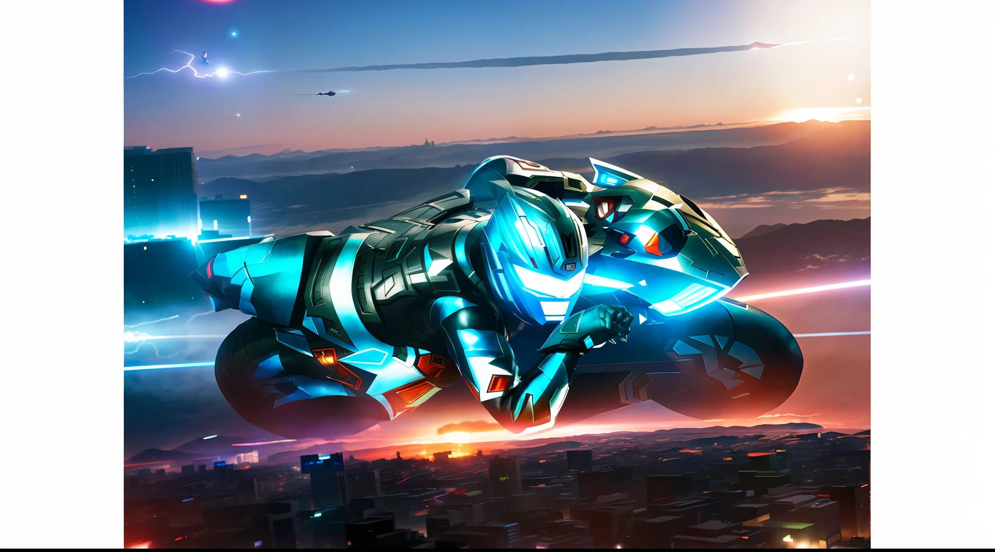 Ultraman, Giant Hero, [Green:Black:15], VEGA Meteor Shower, Buildings, (Full Body), Cinematic Lighting, High Detail, HDR, Realistic, ((Detailed Background)))), Perfect Anatomy, (Combat Pose),