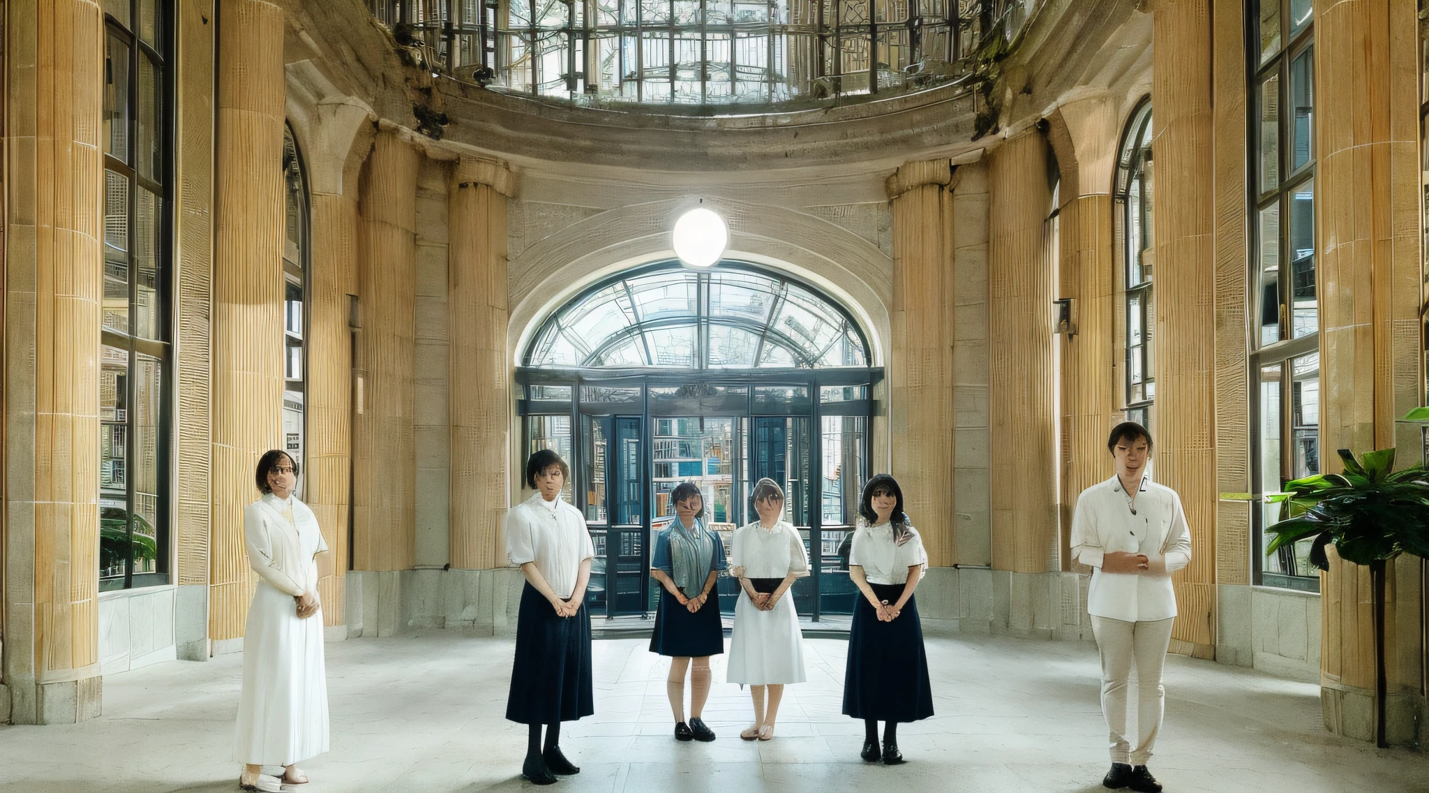 Masterpiece, best quality, official art, a group of people standing, in the lobby of the hotel, super wide angle