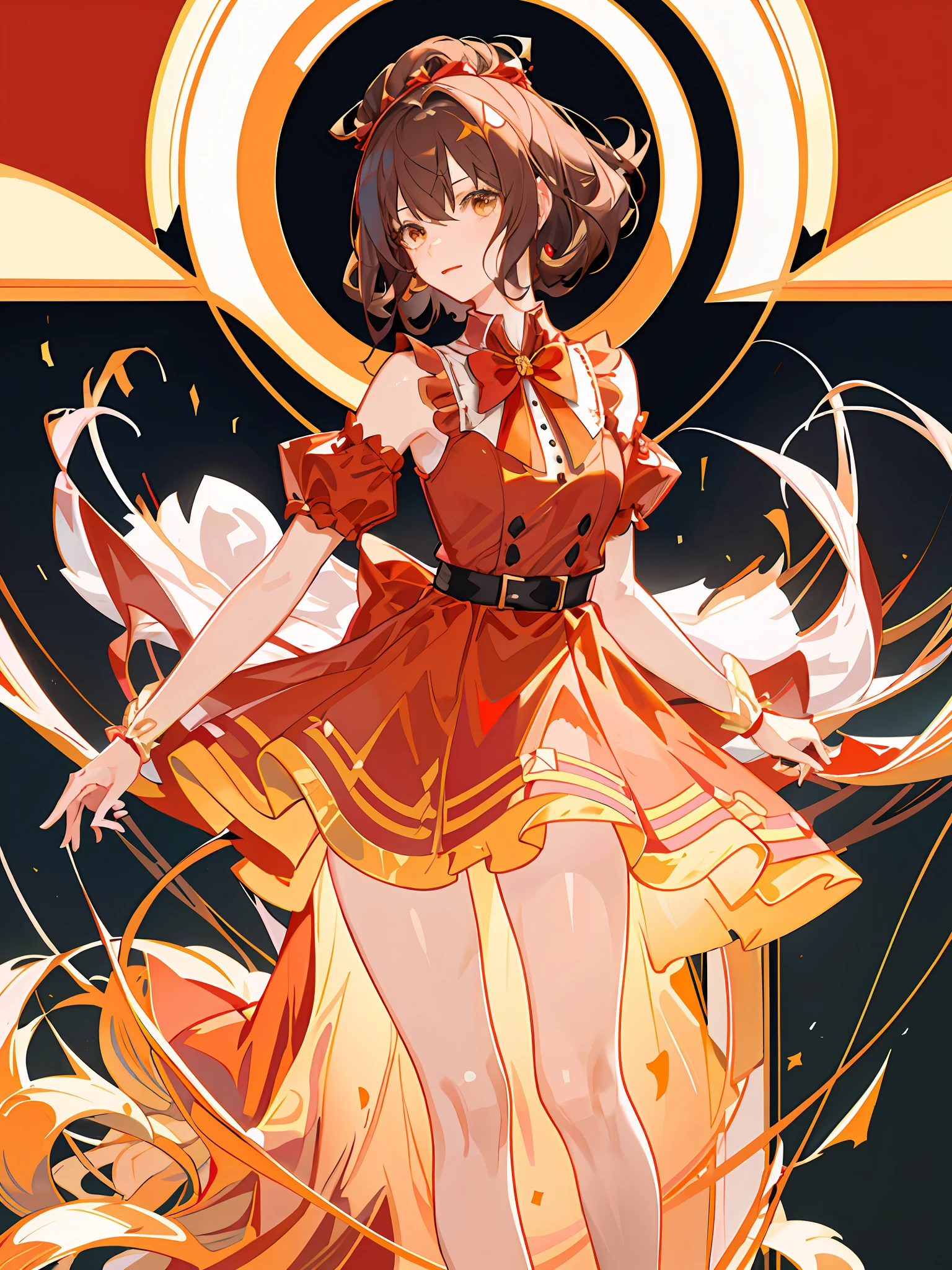 HD4k,masterpiece,best quality),anime girl with  big red bow on head talking on a golden telephone, brown curly hair,short hair, put on red dress,basic backgroud,yellow background