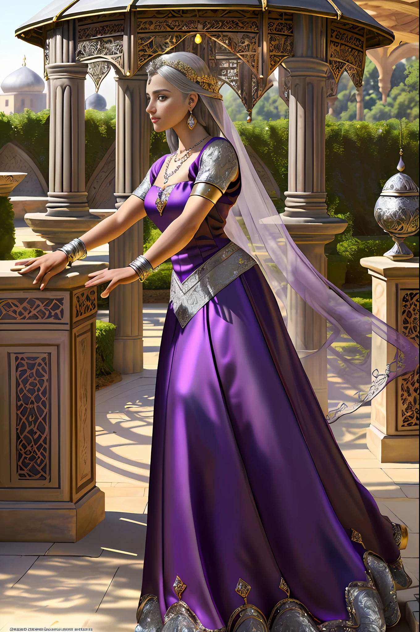 masterpiece, highly detailed, ultra-realistic, detailed background, bright lighting, sunlight,
Beautiful Face, Beautiful Eyes, Medieval Style, One Girl, Solo,(Royal Gardens), (Gazebo),
(Arabian princess), (luxurious purple Arabian dress), (brown skin: 1.8), (necklace), (earrings), (gray eyes), (silver hair), (full body),
