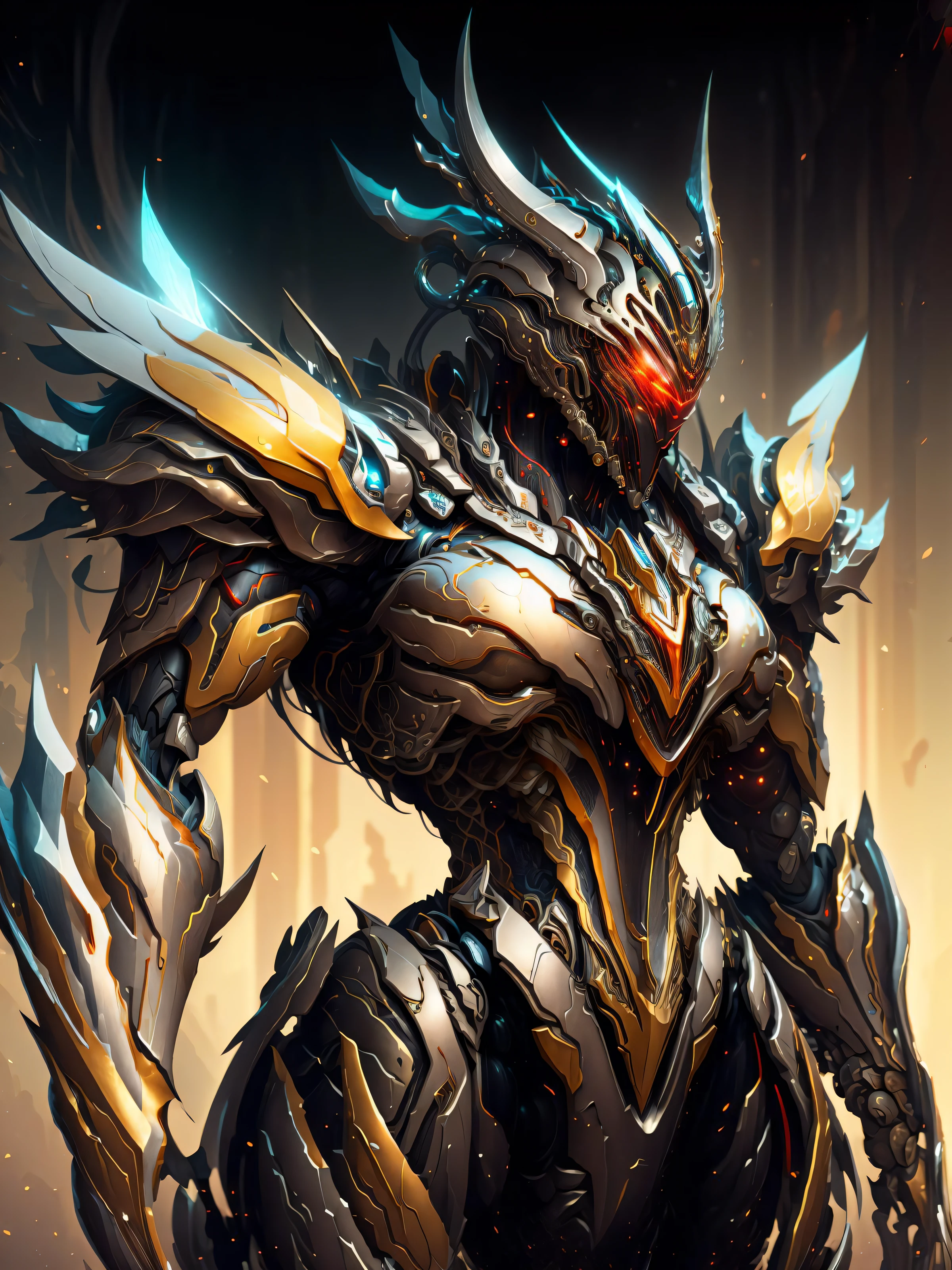 (masterpiece:1.2), best quality, high resolution, unity 8k wallpaper, (illustration:1.0), beautiful detailed, extremely detailed, perfect lighting, extremely detailed CG,glowing eyes,
Mech,armor,full_armor,warframe,horns, fake horns, red eyes, global ray tracing,
looking at the viewer,solo,perspective,