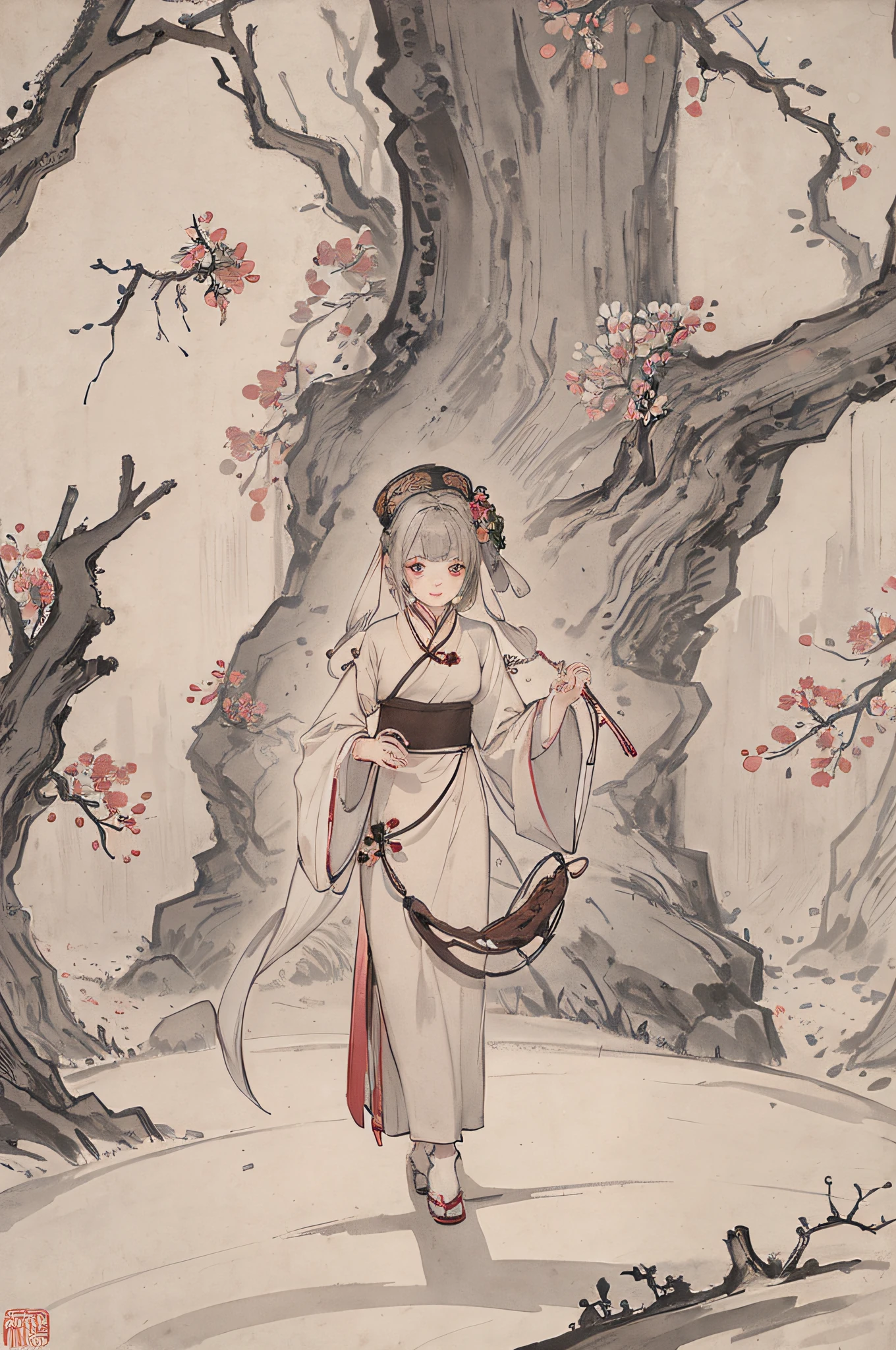 (Wonderful masterpiece, excellent picture quality: 1.3, delicate Chinese Ink painting style: 1.2), light gauze robe, playing guzheng woman, plum blossom ancient bridge, no cumbersome details, the picture is simple and subtle, and the beauty flows naturally. gray hair, red eyes,