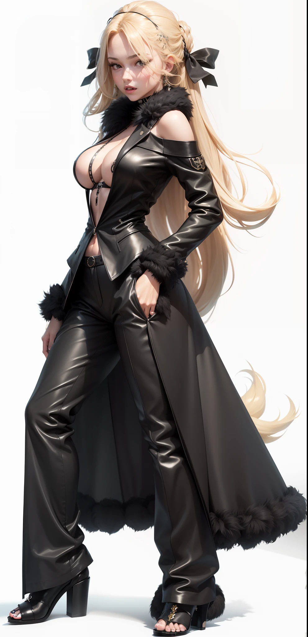 16k, UHD, Hyperrealistic, High detail, best quality, beautiful woman with long blonde hair, black bows in hair, big boobs, black capris, black heels, open black jacket exposing torso and chest, big boobs, black fur choker